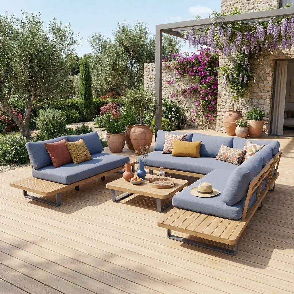 Salon de jardin d'angle bois d'acacia et aluminium 7 places