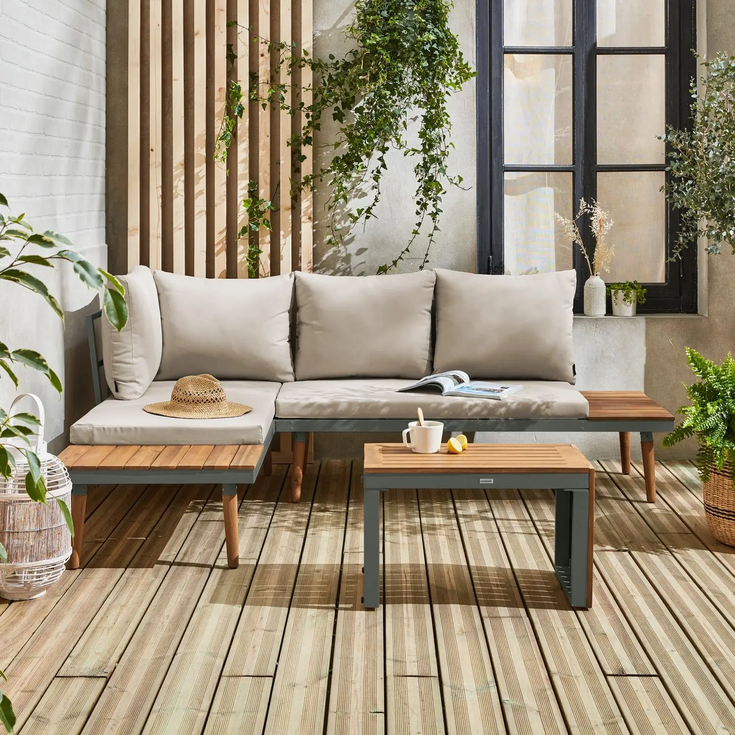 Salon de jardin modulable aluminium et bois d'acacia 4 places