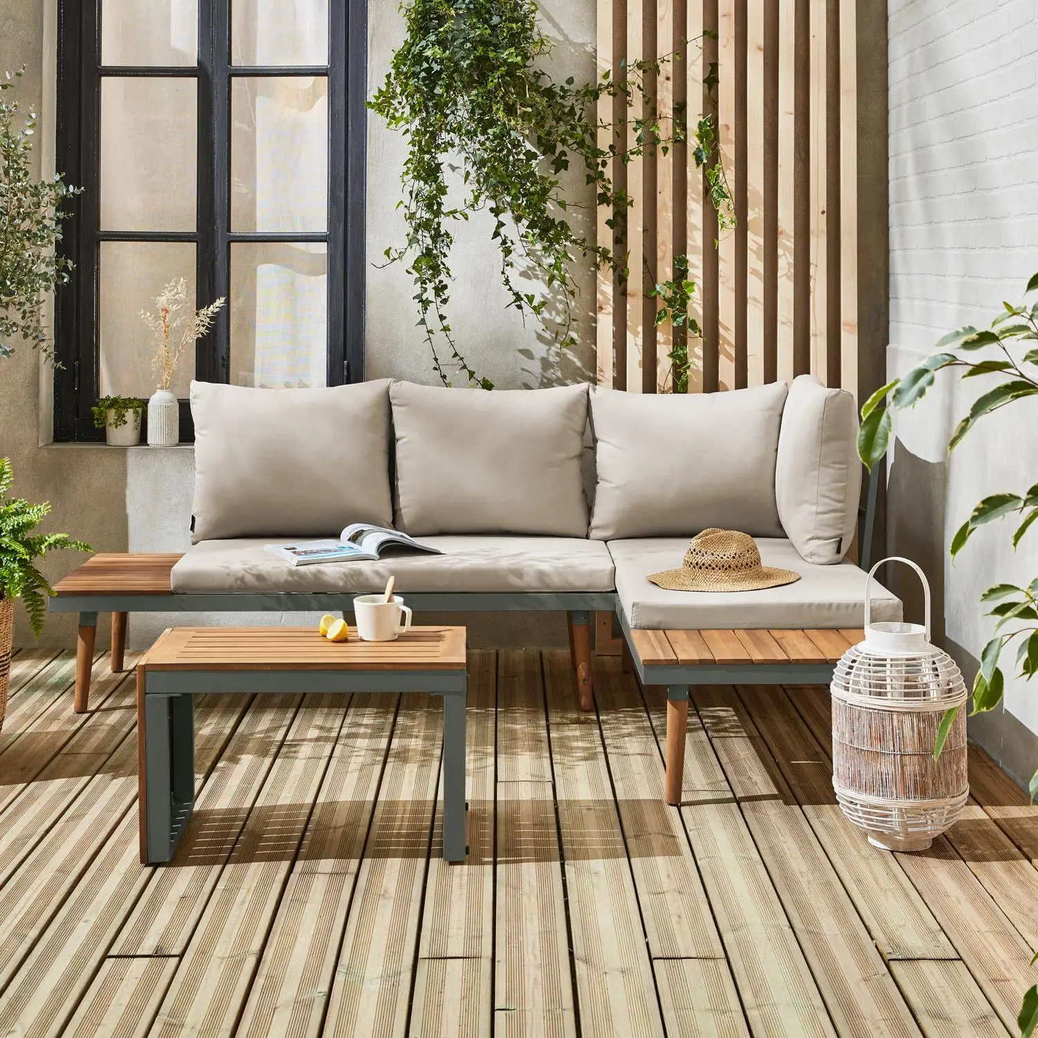 Salon de jardin modulable aluminium et bois d'acacia 4 places
