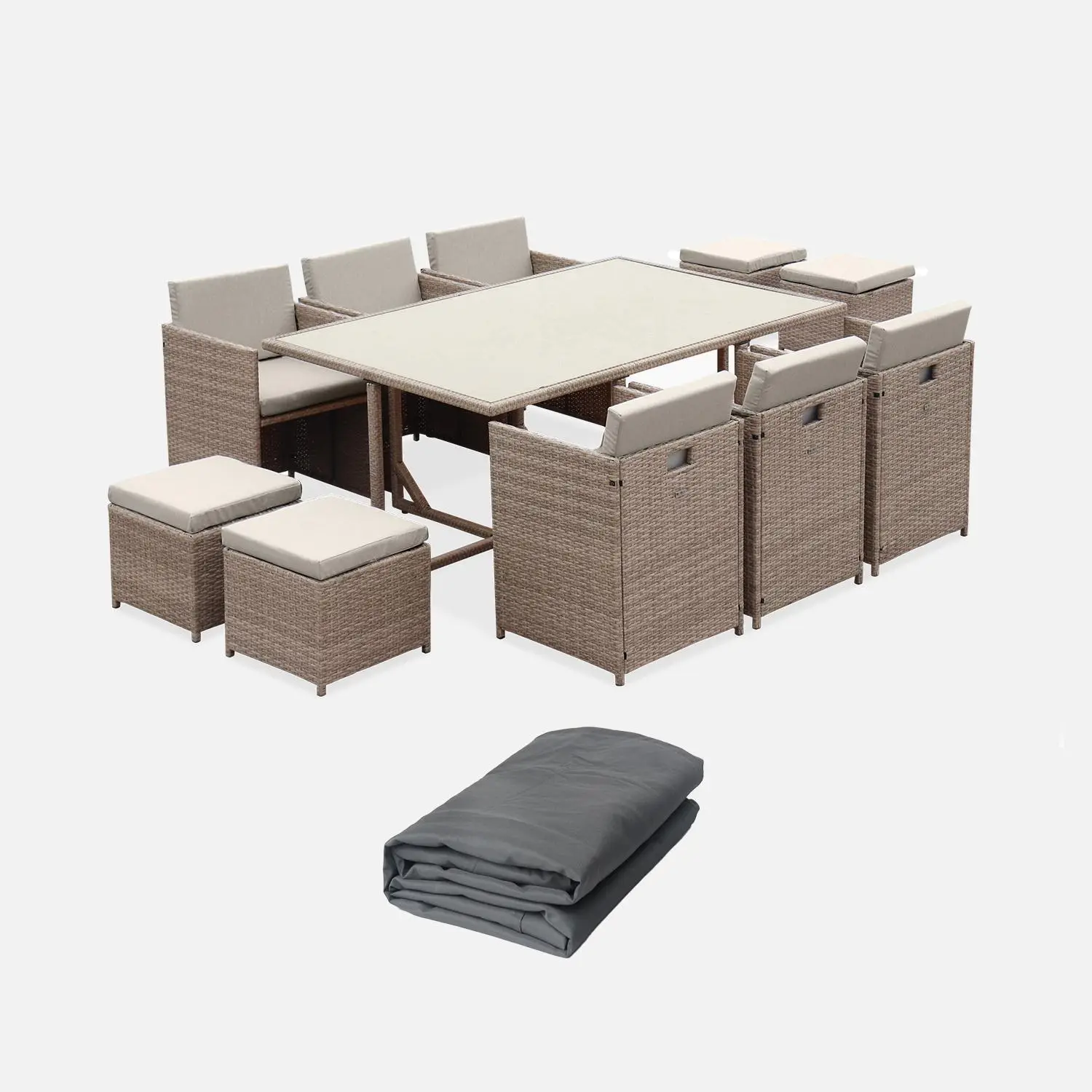 Table de jardin encastrable résine + 10 assises + Housse de protection