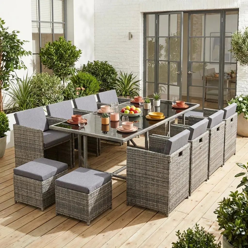 Table de jardin encastrable résine tressée + 12 assises