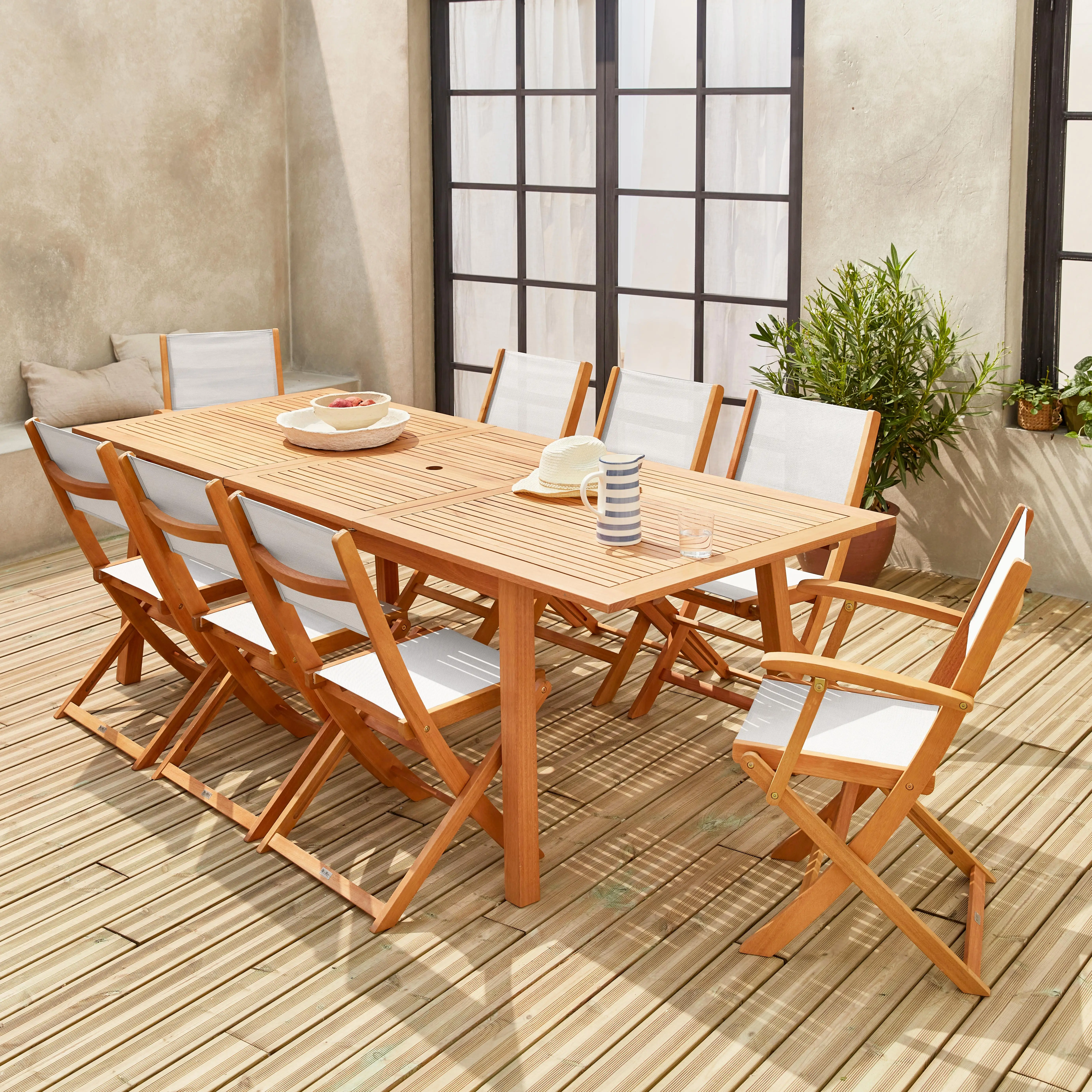 Table de jardin extensible bois d'eucalyptus + 8 assises