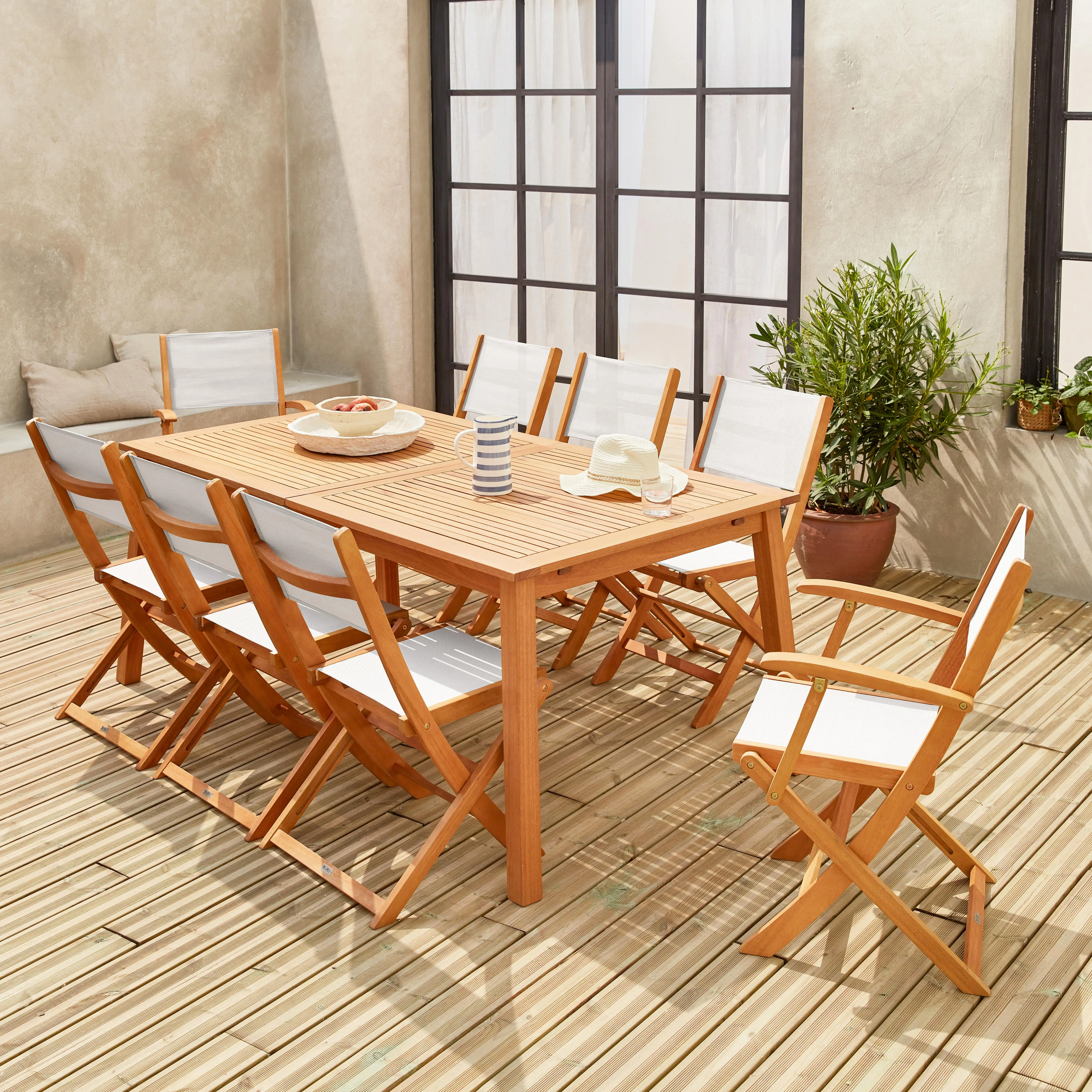 Table de jardin extensible bois d'eucalyptus + 8 assises