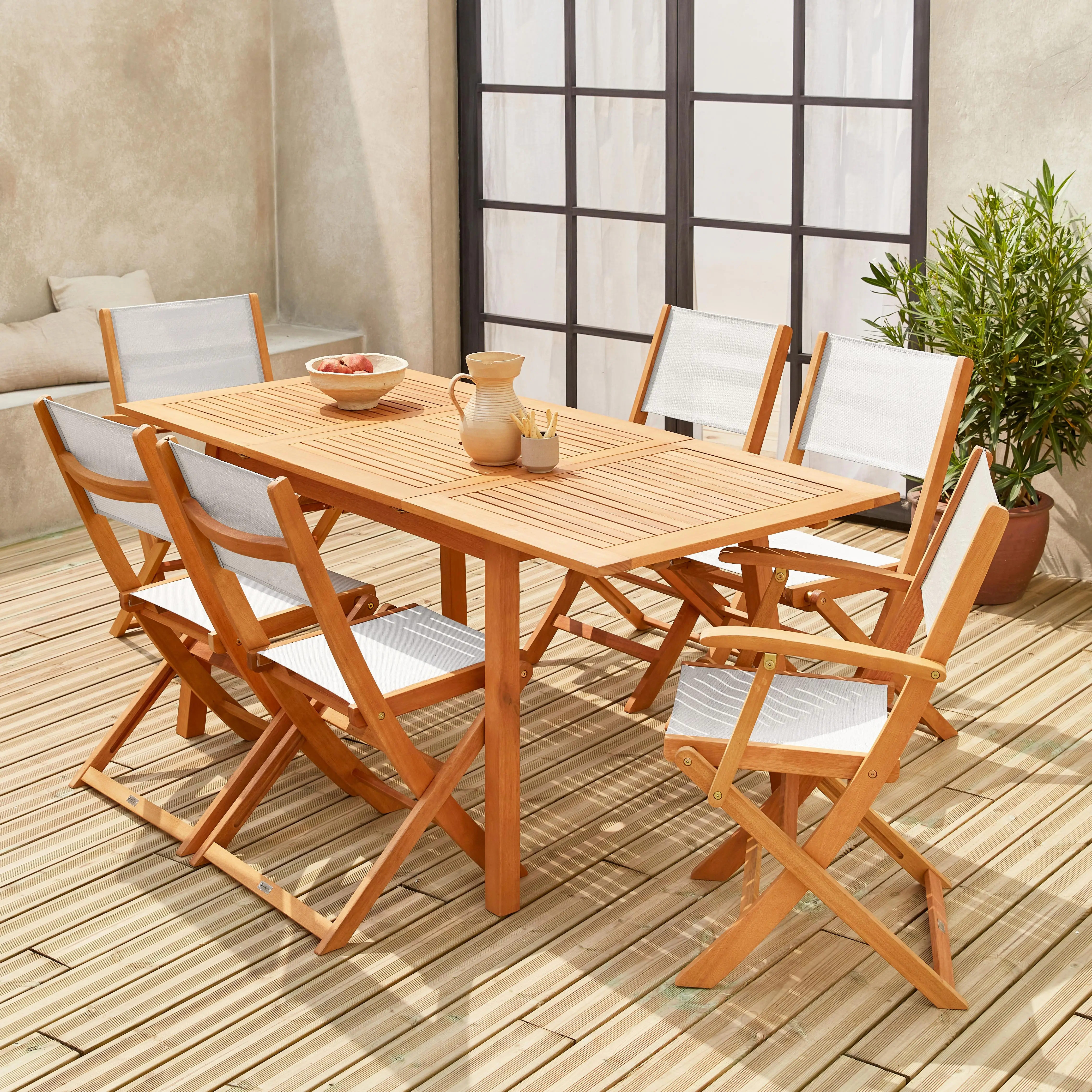 Table de jardin extensible bois d'eucalyptus + 6 assises
