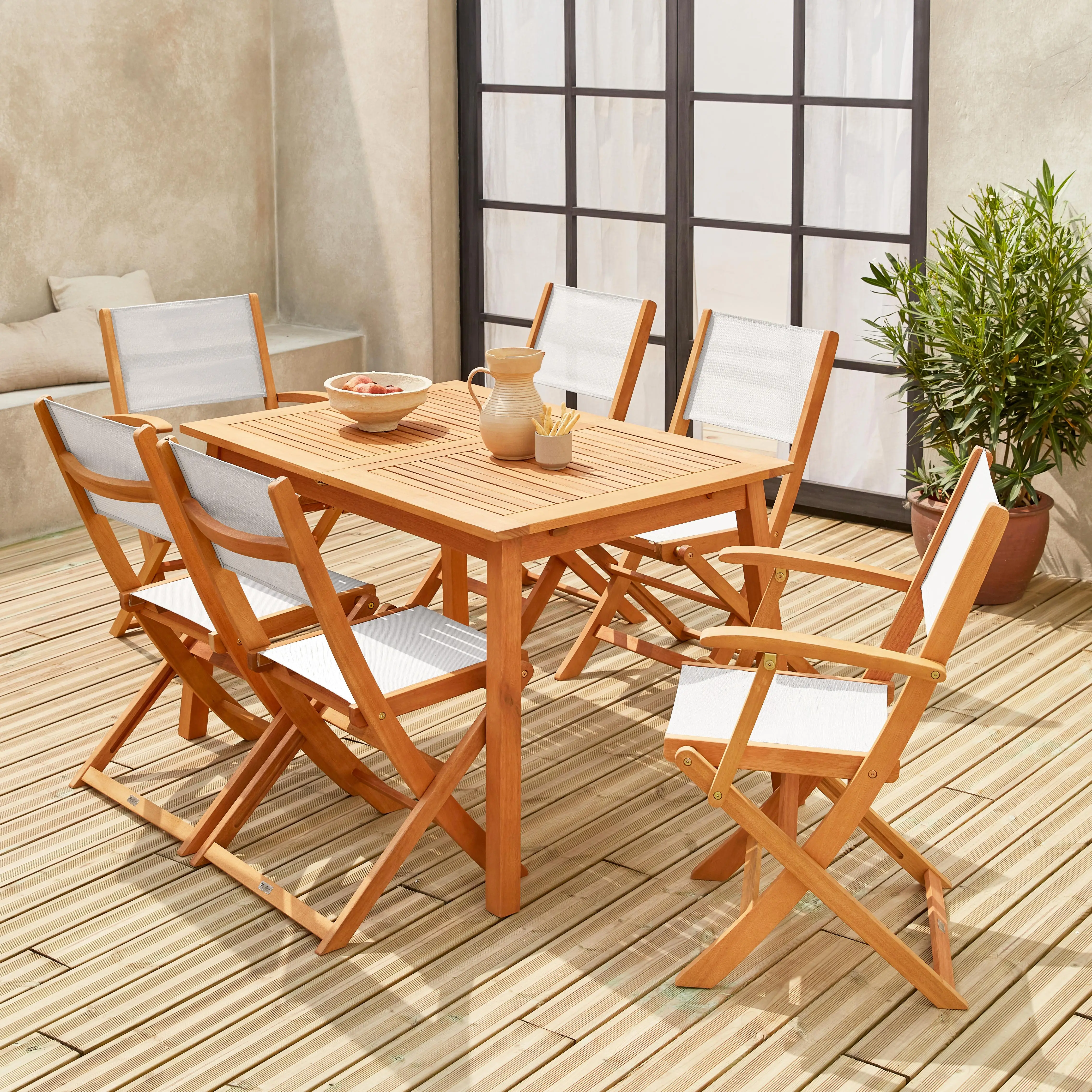 Table de jardin extensible bois d'eucalyptus + 6 assises