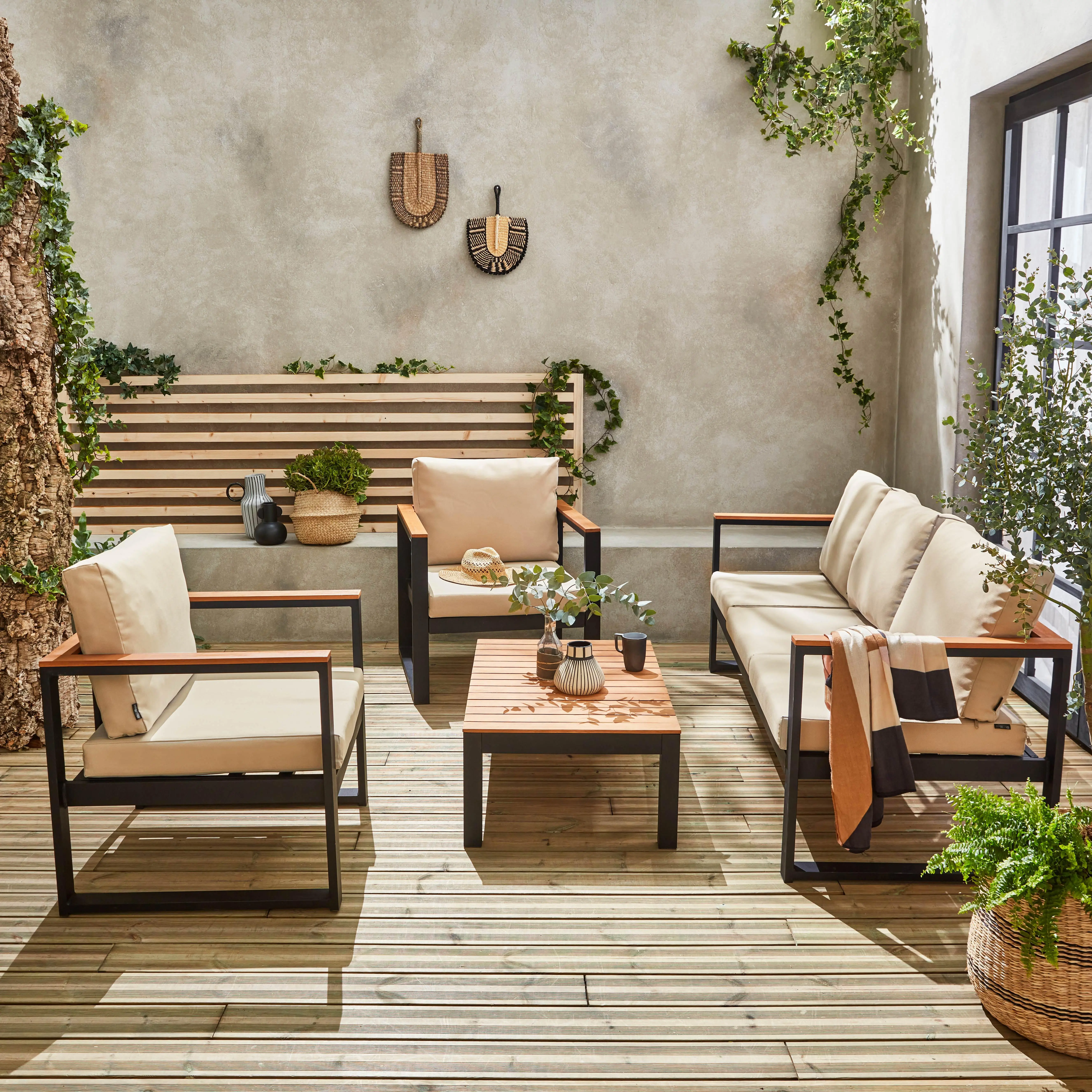 Salon de jardin bois d'eucalyptus et aluminium 5 places