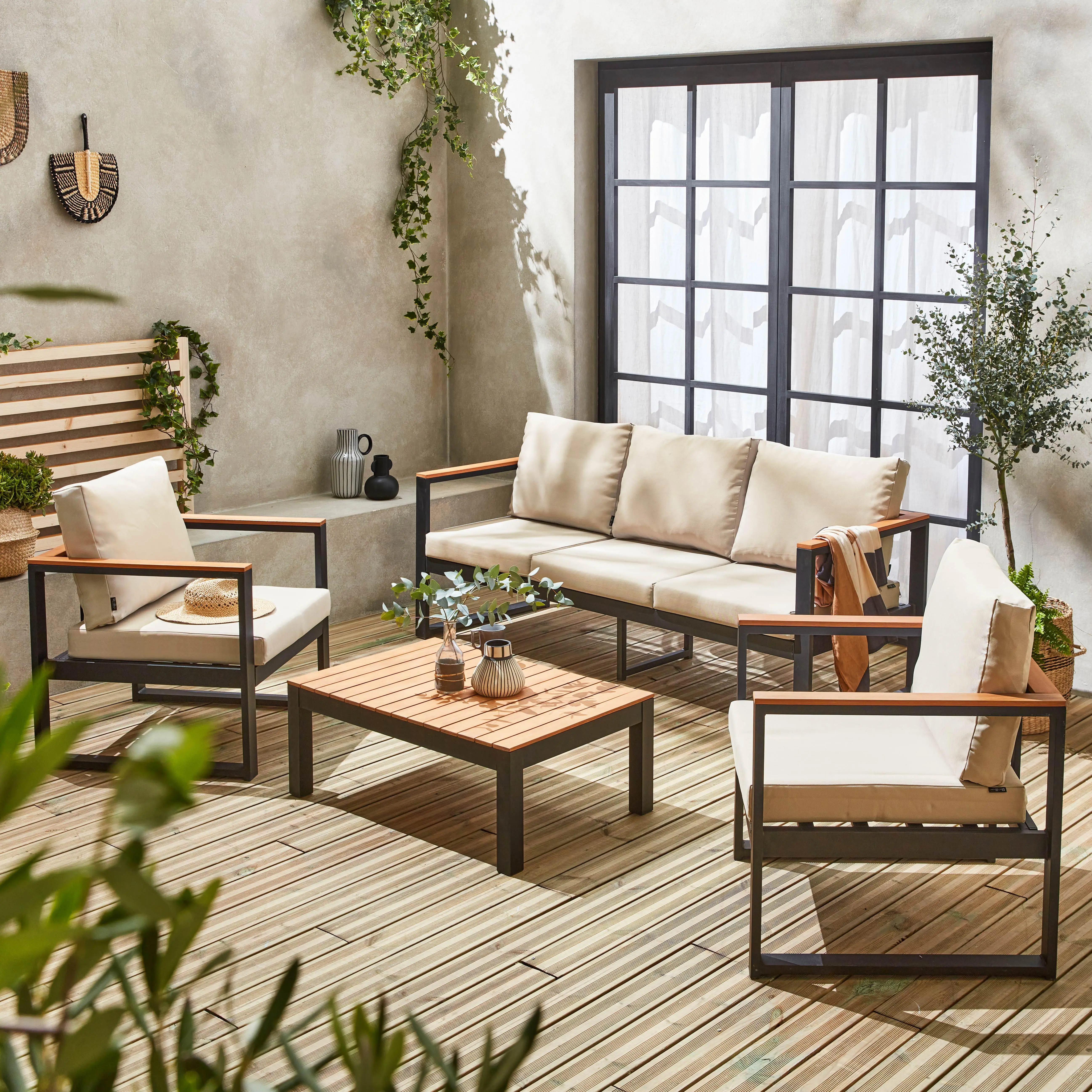 Salon de jardin bois d'eucalyptus et aluminium 5 places
