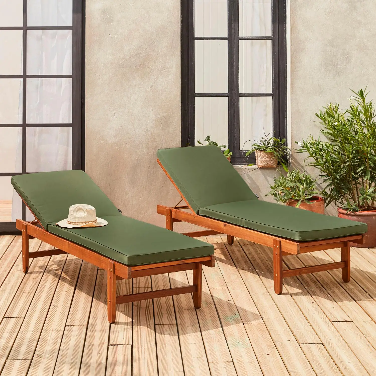 Bain de soleil bois d'acacia multi positions avec roulettes (lot de 2)