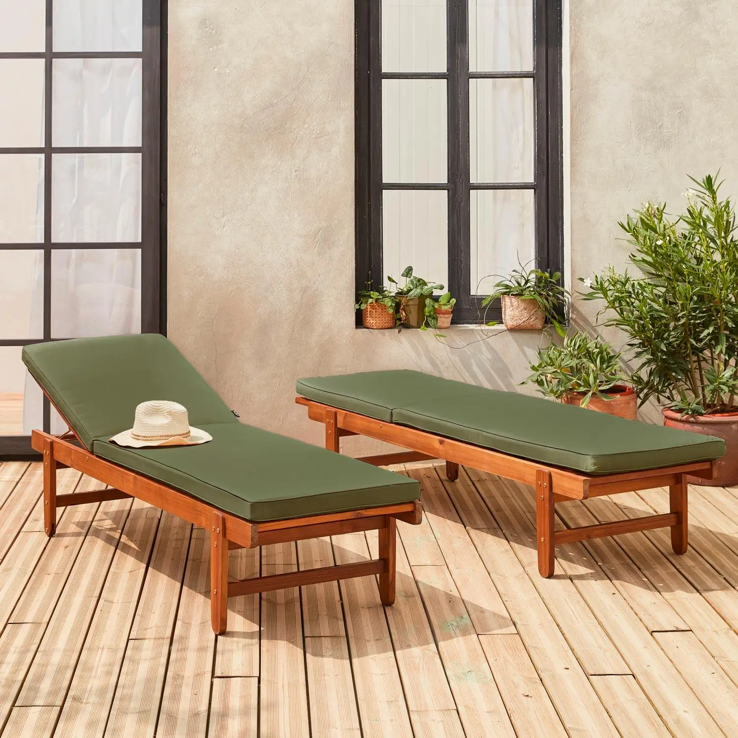 Bain de soleil bois d'acacia multi positions avec roulettes (lot de 2)