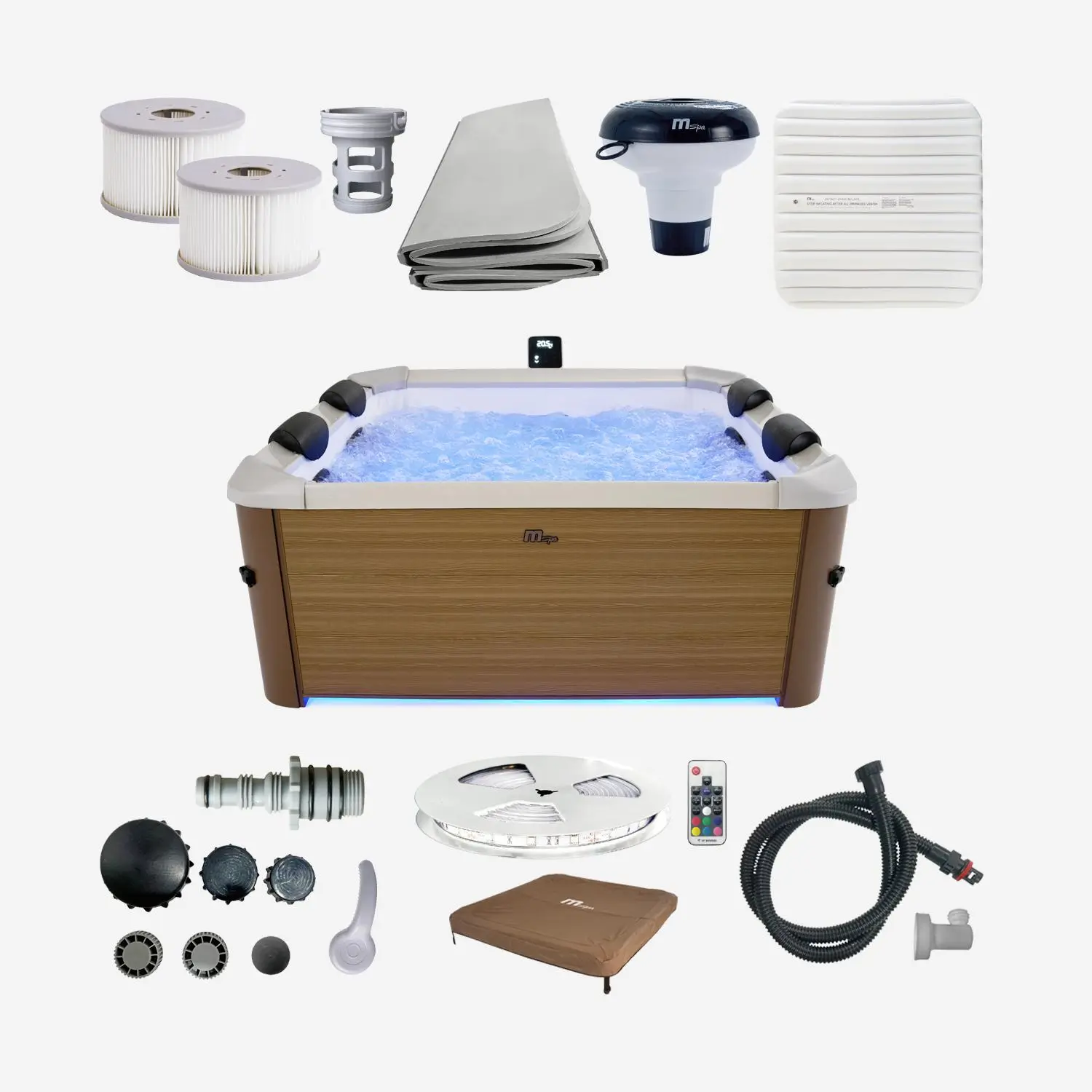 Spa rigide 6 places carré beige hydromassages 4 coussins