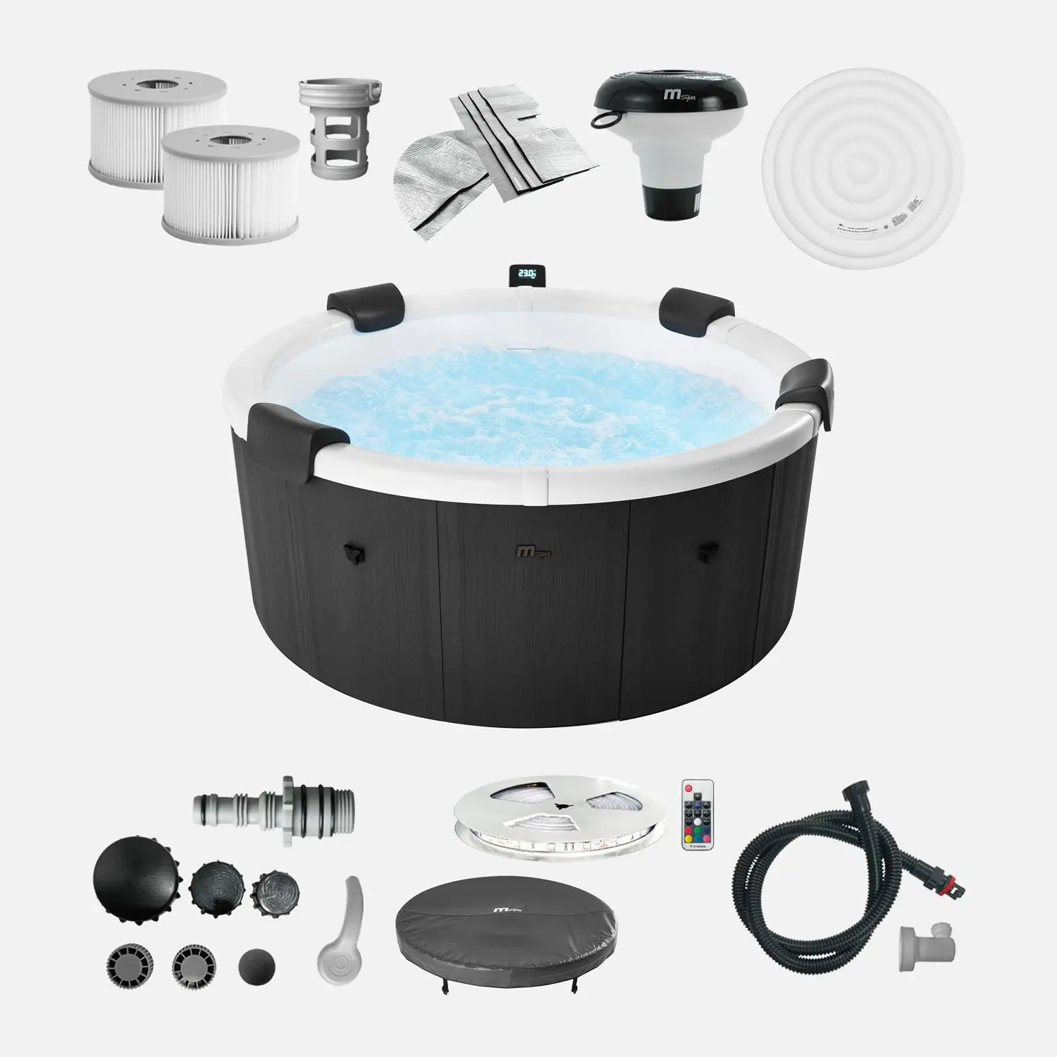 Spa rigide 6 places 180cm rond hydromassage 4 coussins bâche + housse