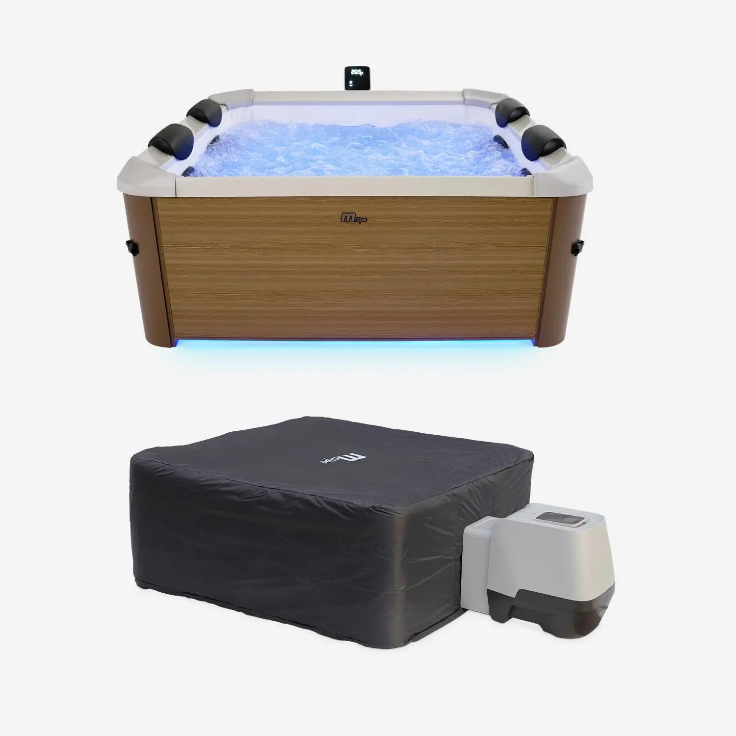 Spa rigide 6 places 160cm carré hydromassage 4 coussins bâche + housse thermique