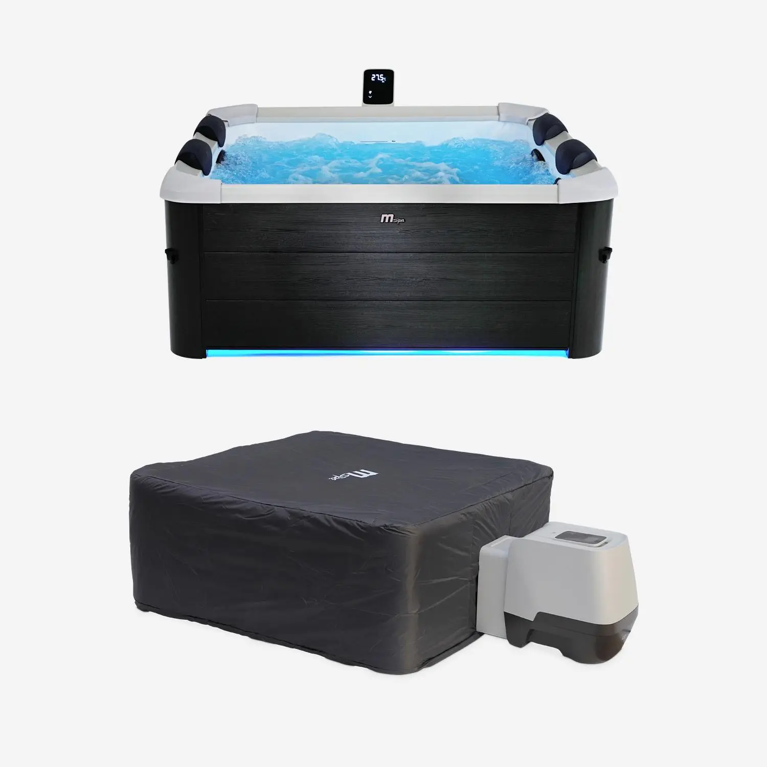 Spa rigide 6 places 160cm carré hydromassage 4 coussins bâche + housse thermique