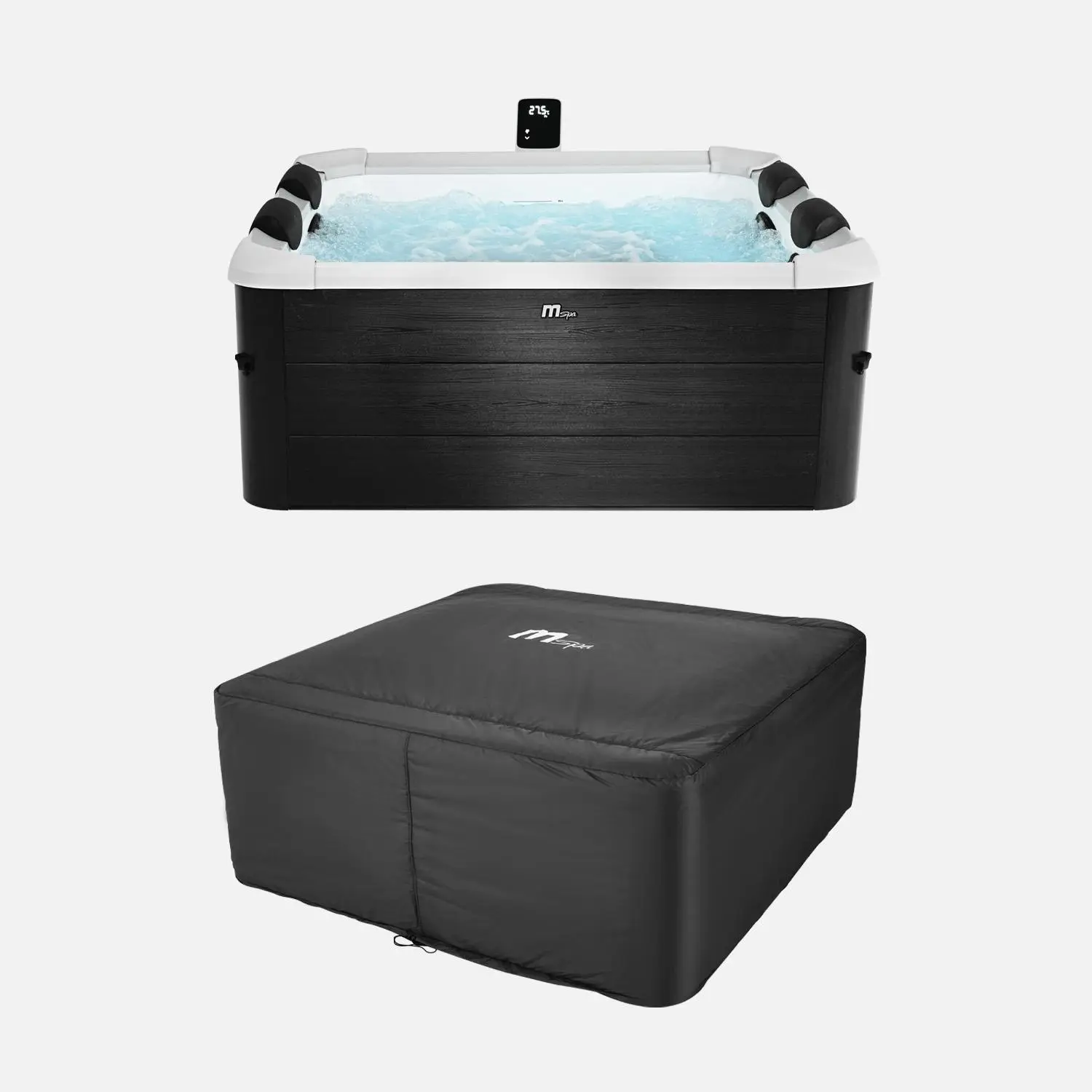 Spa rigide 6 places 180cm carré hydromassages 4 coussins bâche + housse thermique