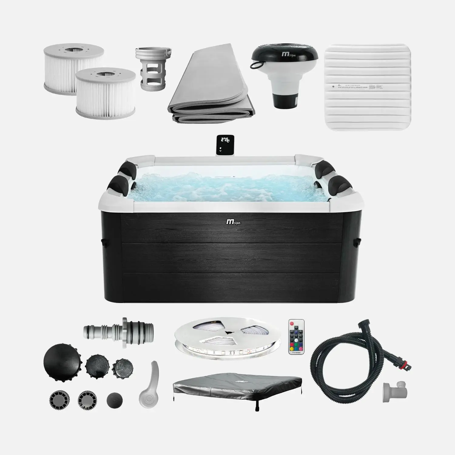 Spa rigide 6 places 180cm carré hydromassages 4 coussins bâche + housse thermique
