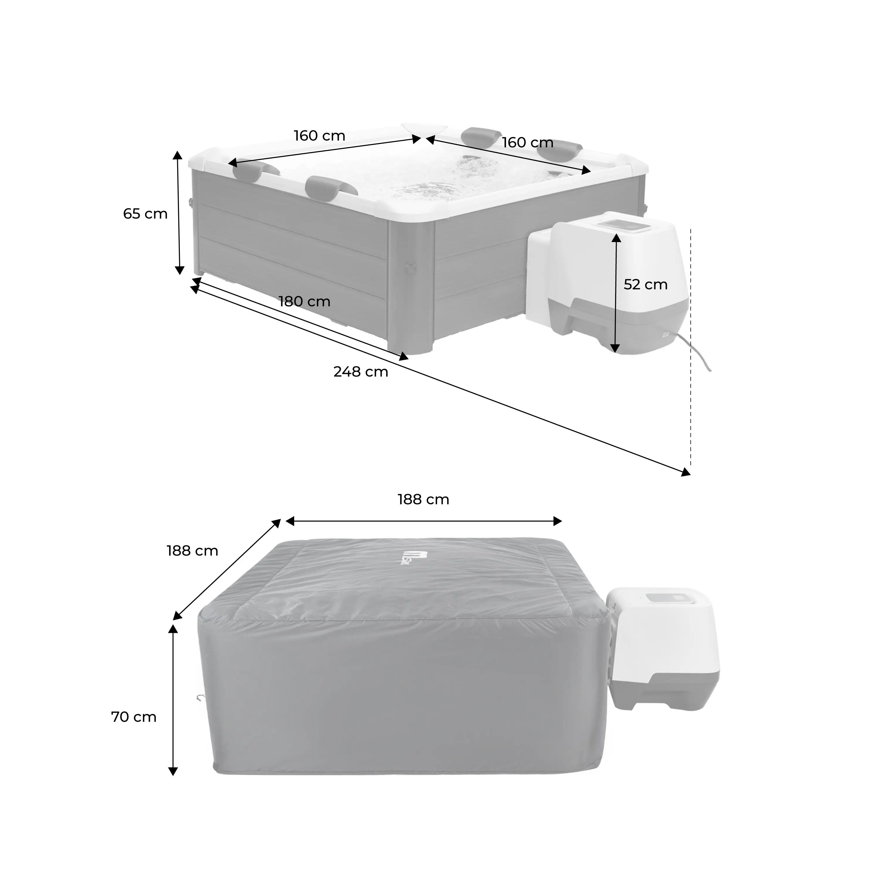Spa rigide 6 places 180cm carré hydromassages 4 coussins bâche + housse thermique