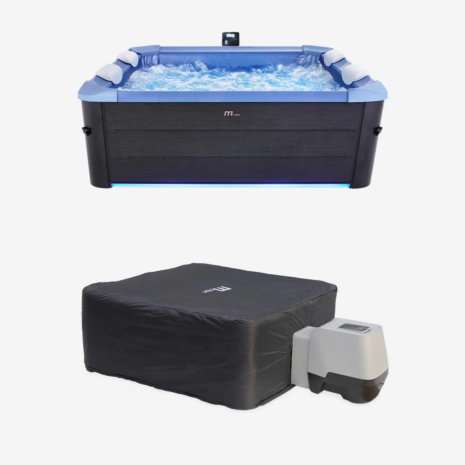 Spa rigide 6 places 160cm carré hydromassage 4 coussins bâche + housse thermique