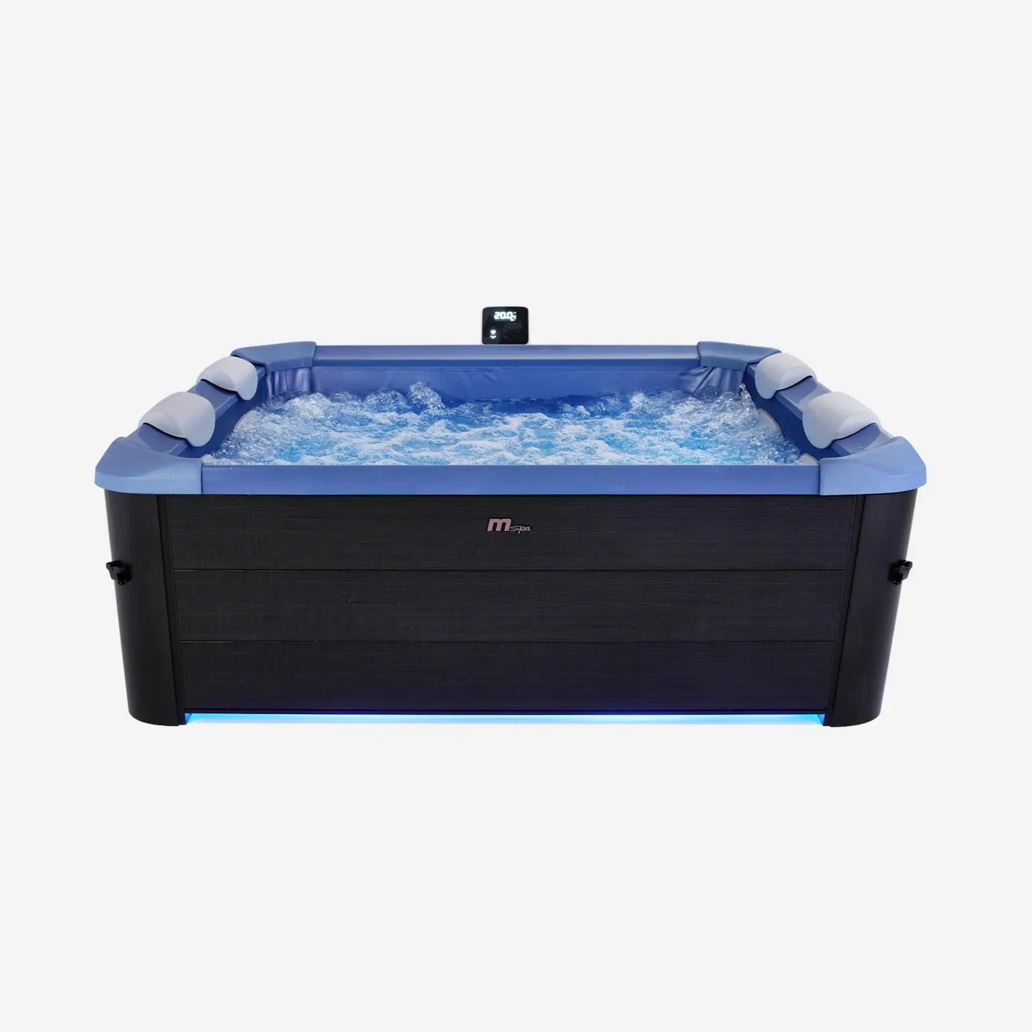 Spa rigide 6 places carré bleu hydromassages, 4 coussins + bâche incluse