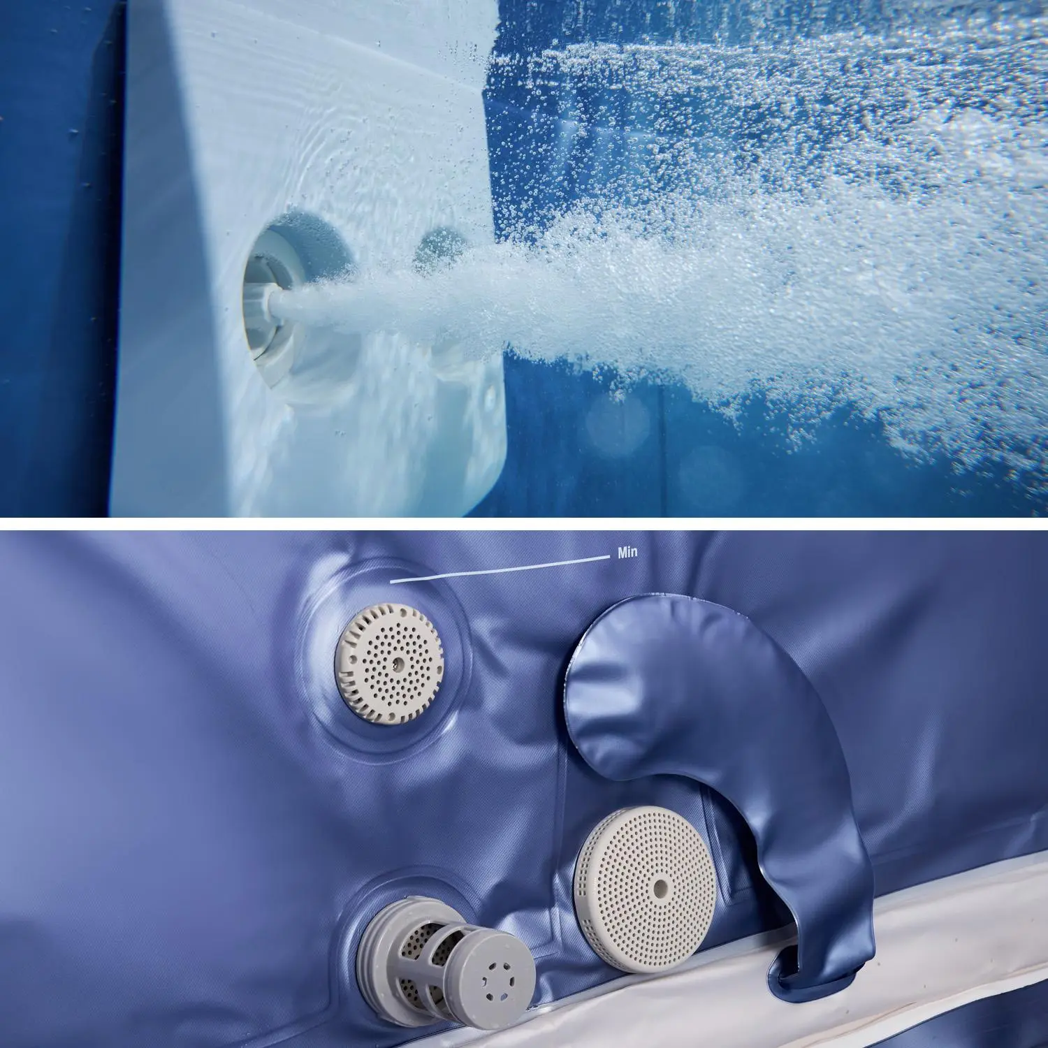 Spa rigide 6 places carré bleu hydromassages, 4 coussins + bâche incluse