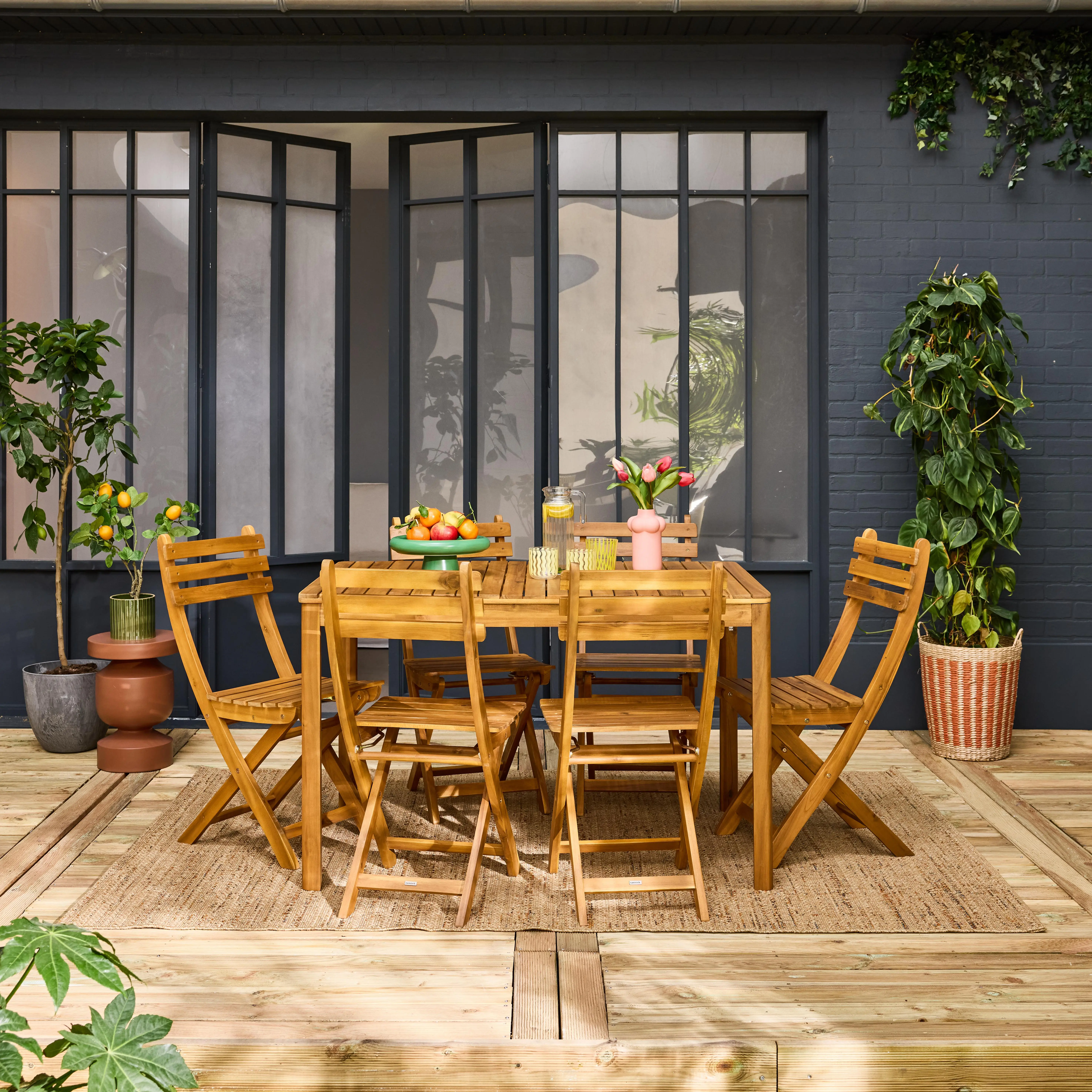 Table de jardin bois d'acacia + 6 assises