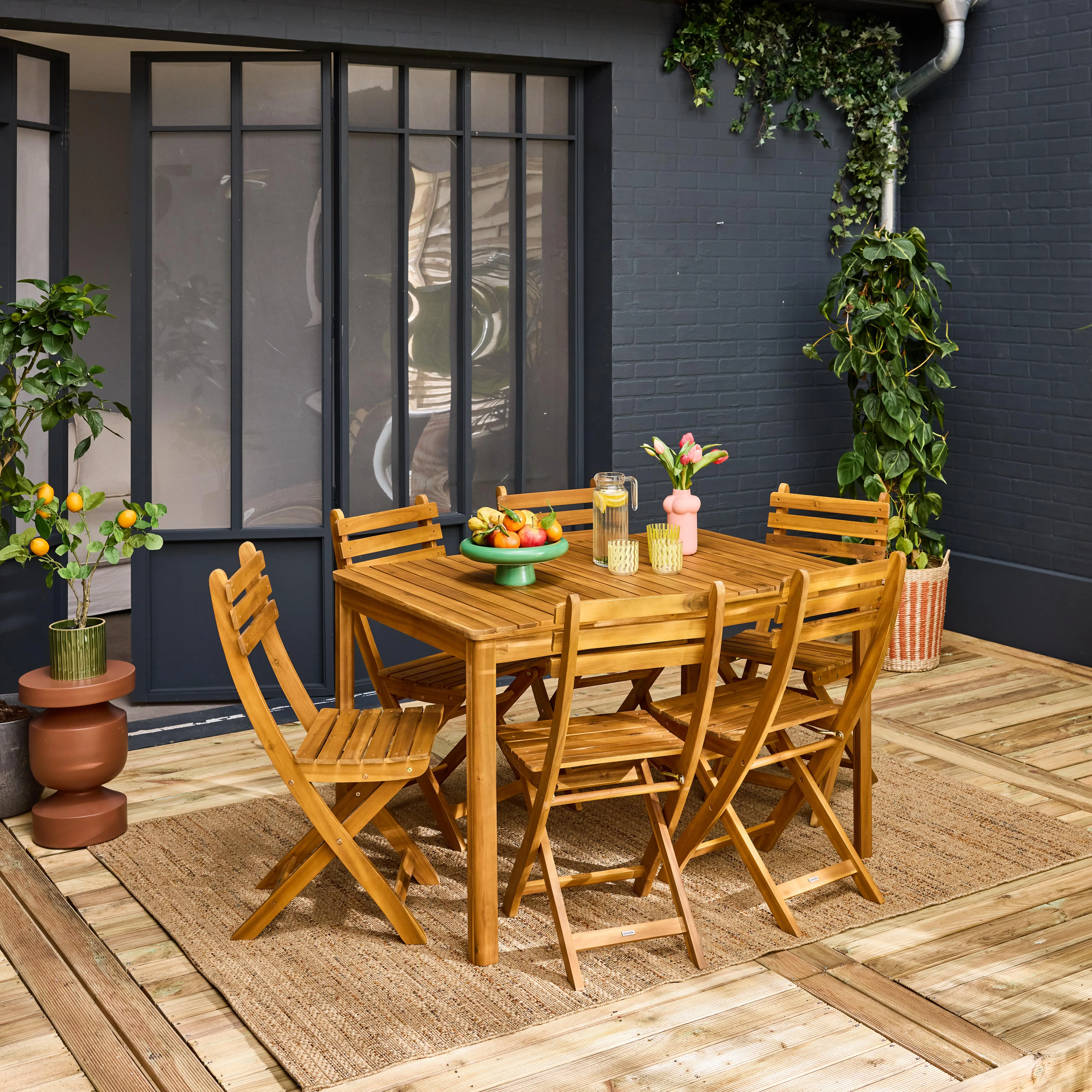 Table de jardin bois d'acacia + 6 assises