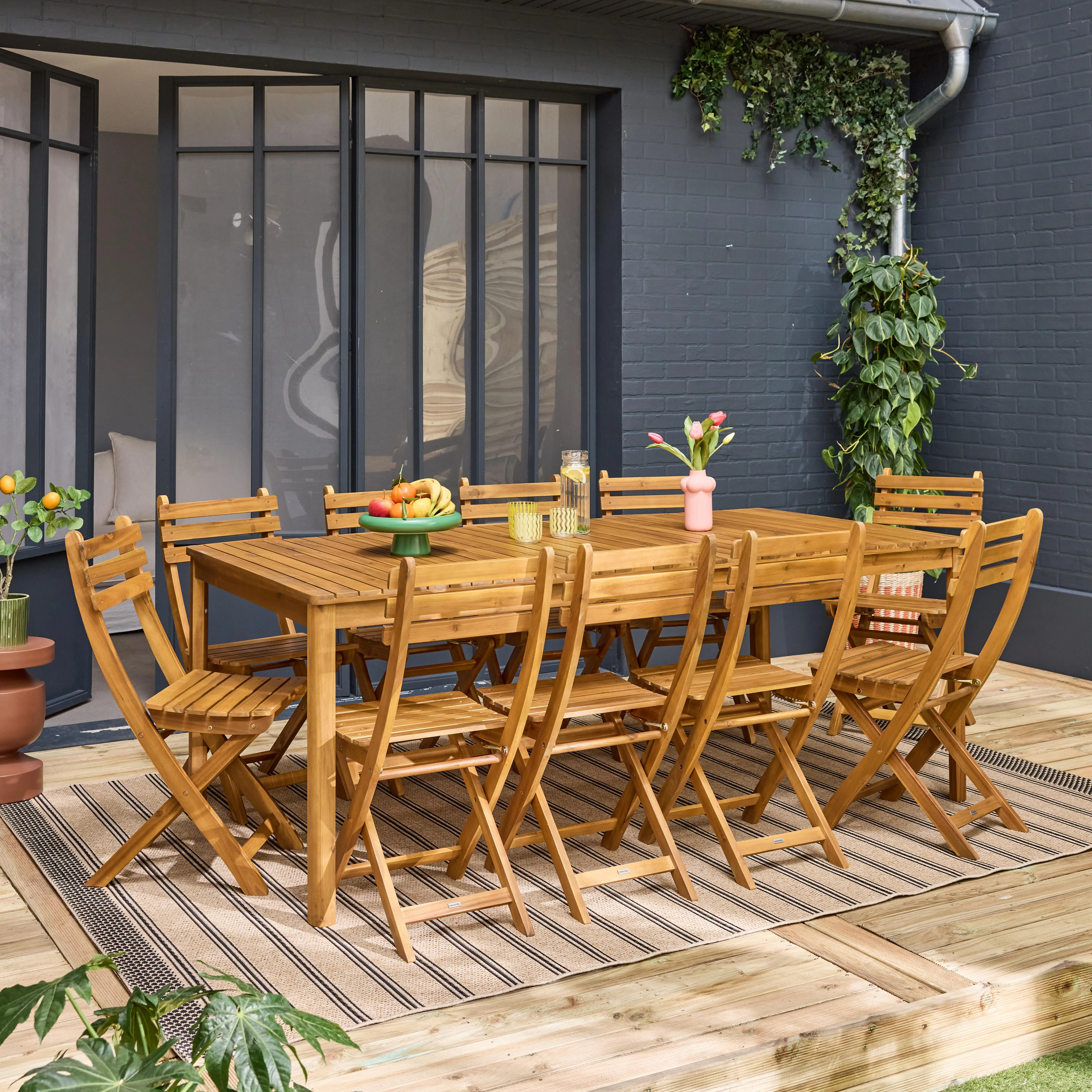 Table de jardin bois d'acacia + 10 assises