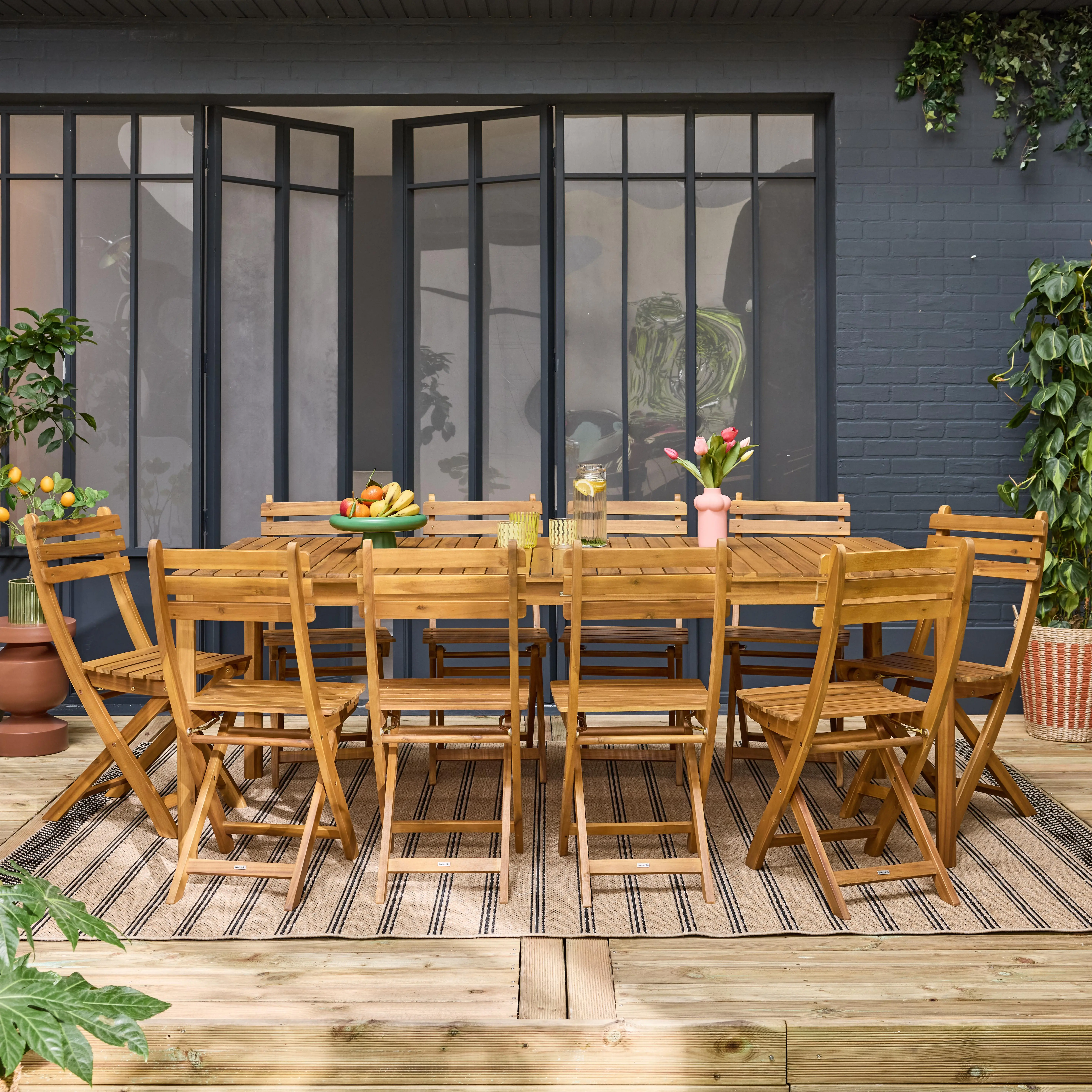 Table de jardin bois d'acacia + 10 assises