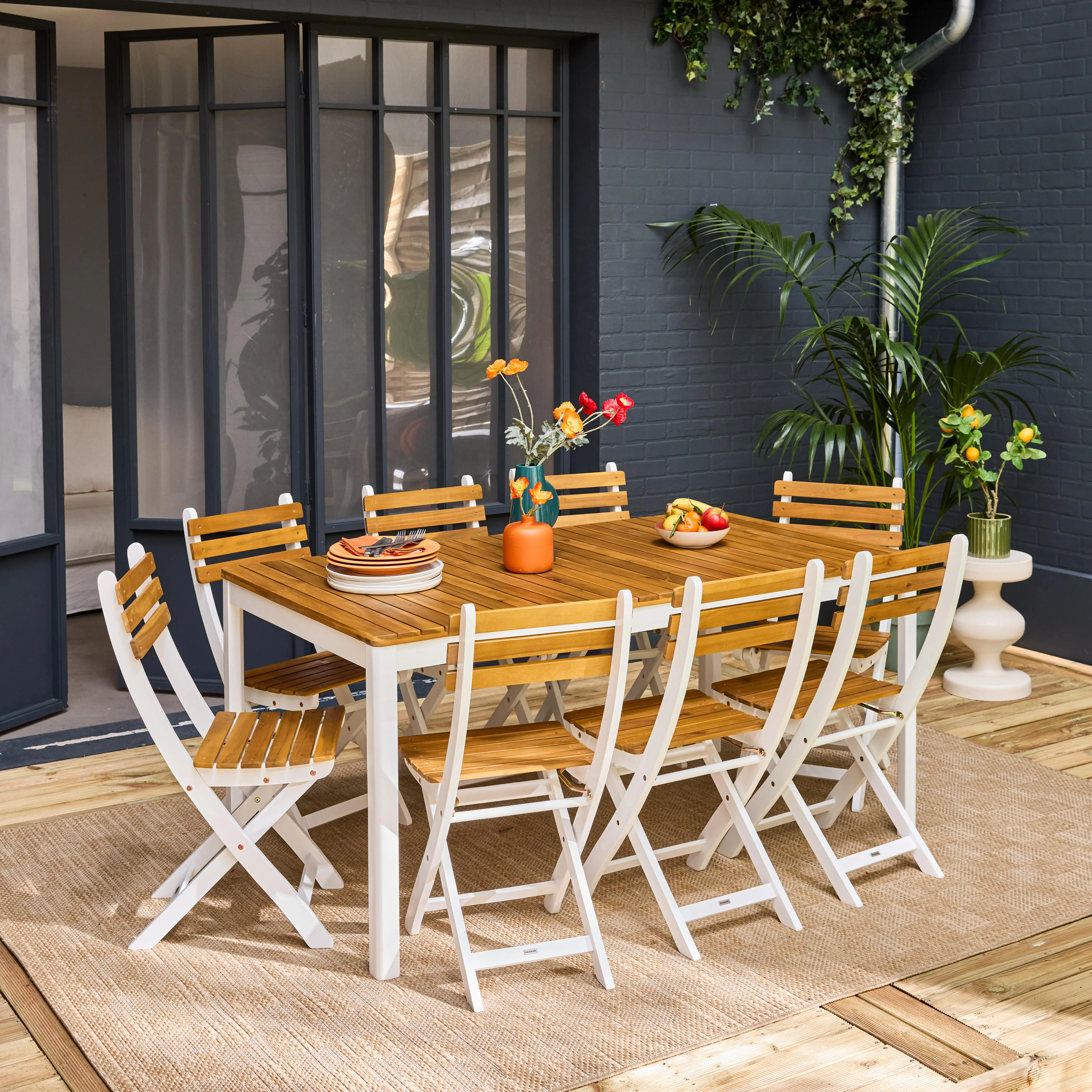 Table de jardin acacia avec coins arrondis + 8 assises