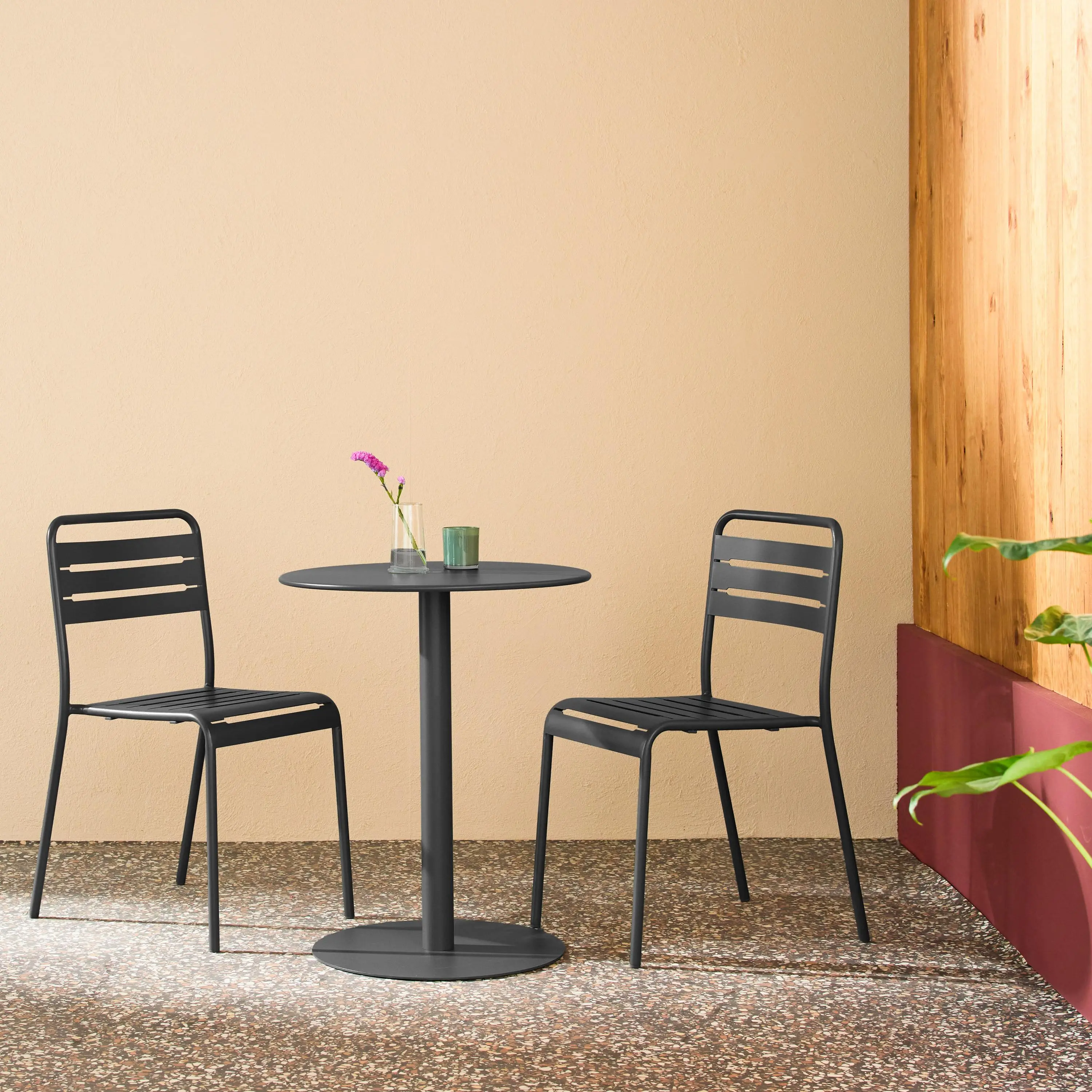 Table de jardin bistrot ronde acier + 2 assises