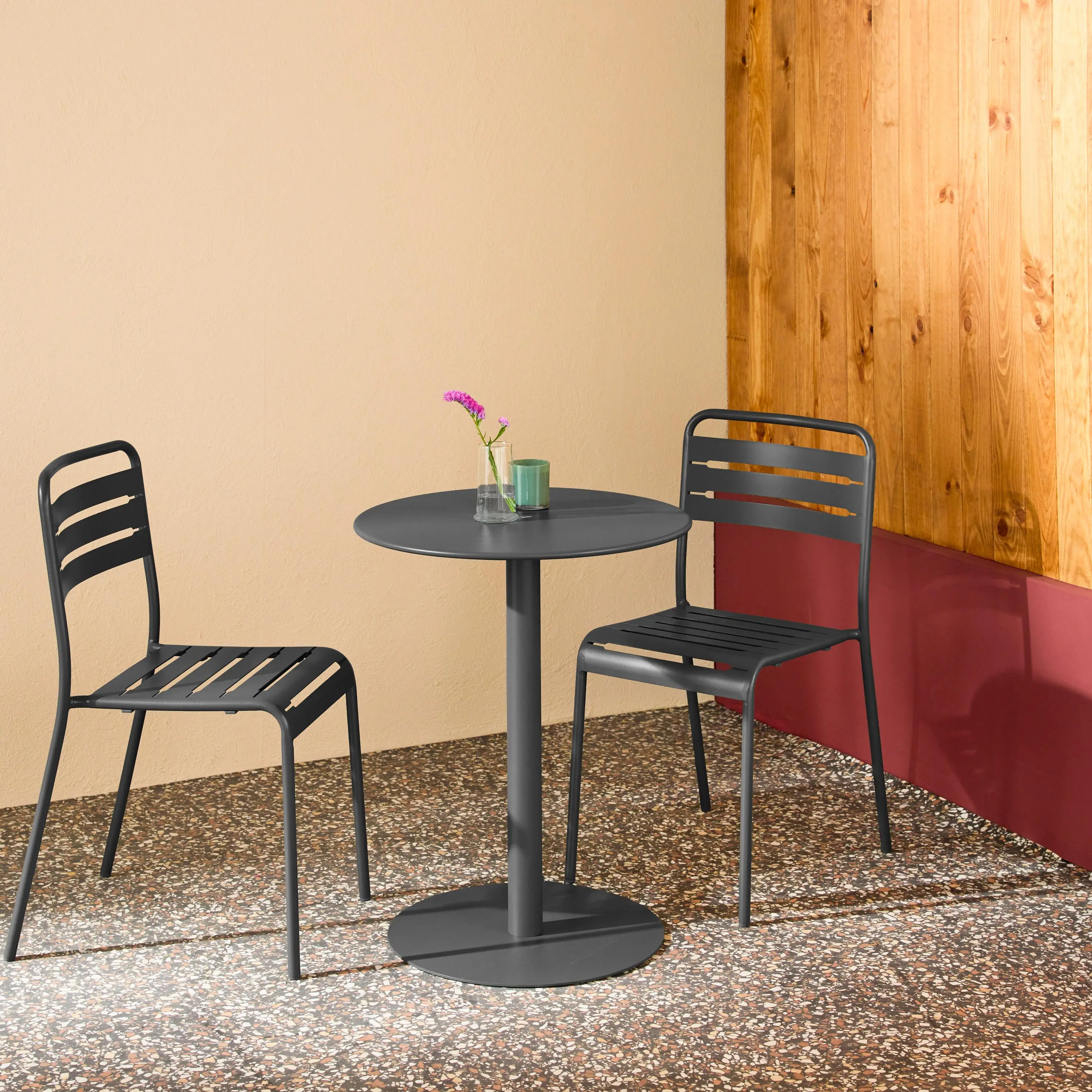 Table de jardin bistrot ronde acier + 2 assises