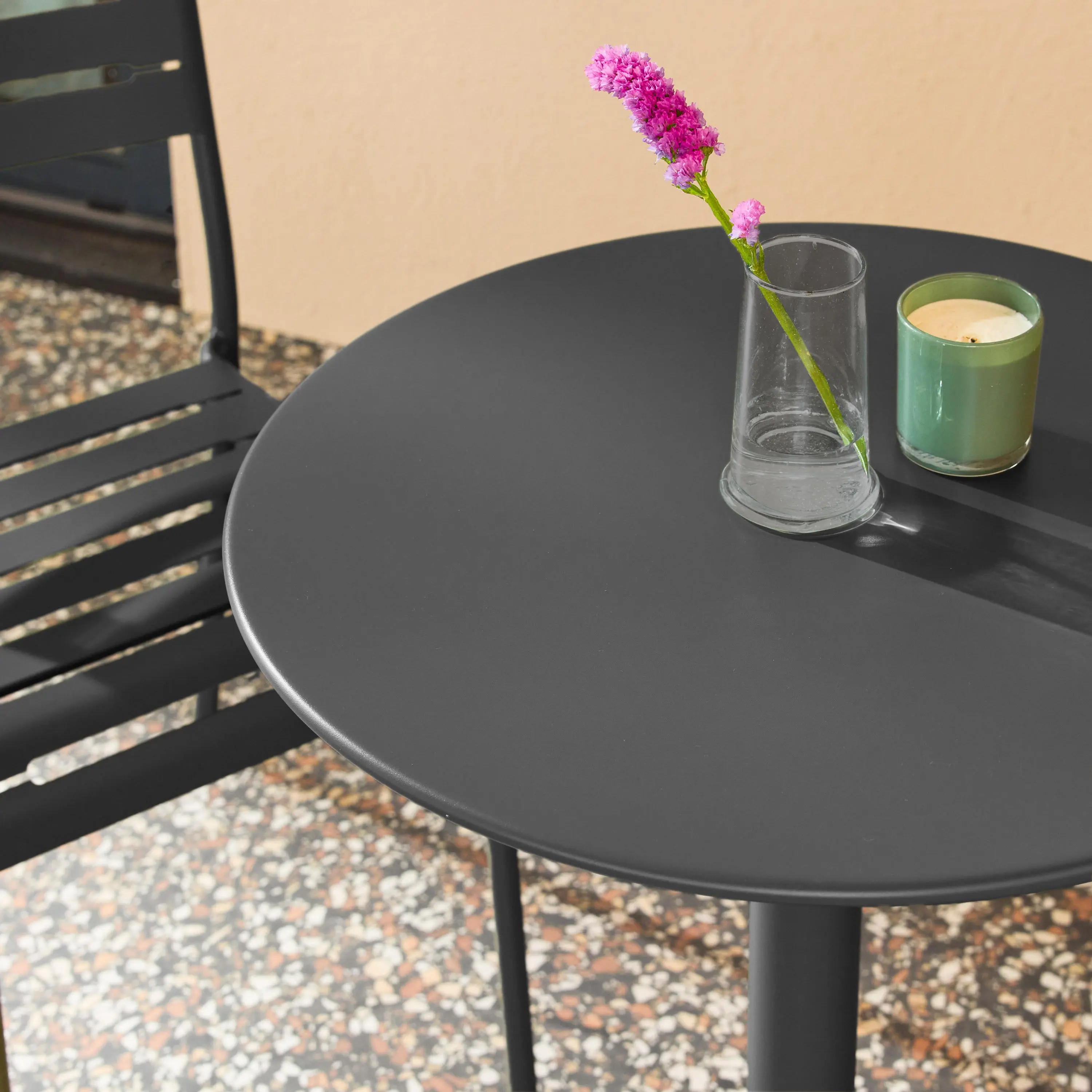Table de jardin bistrot ronde acier + 2 assises