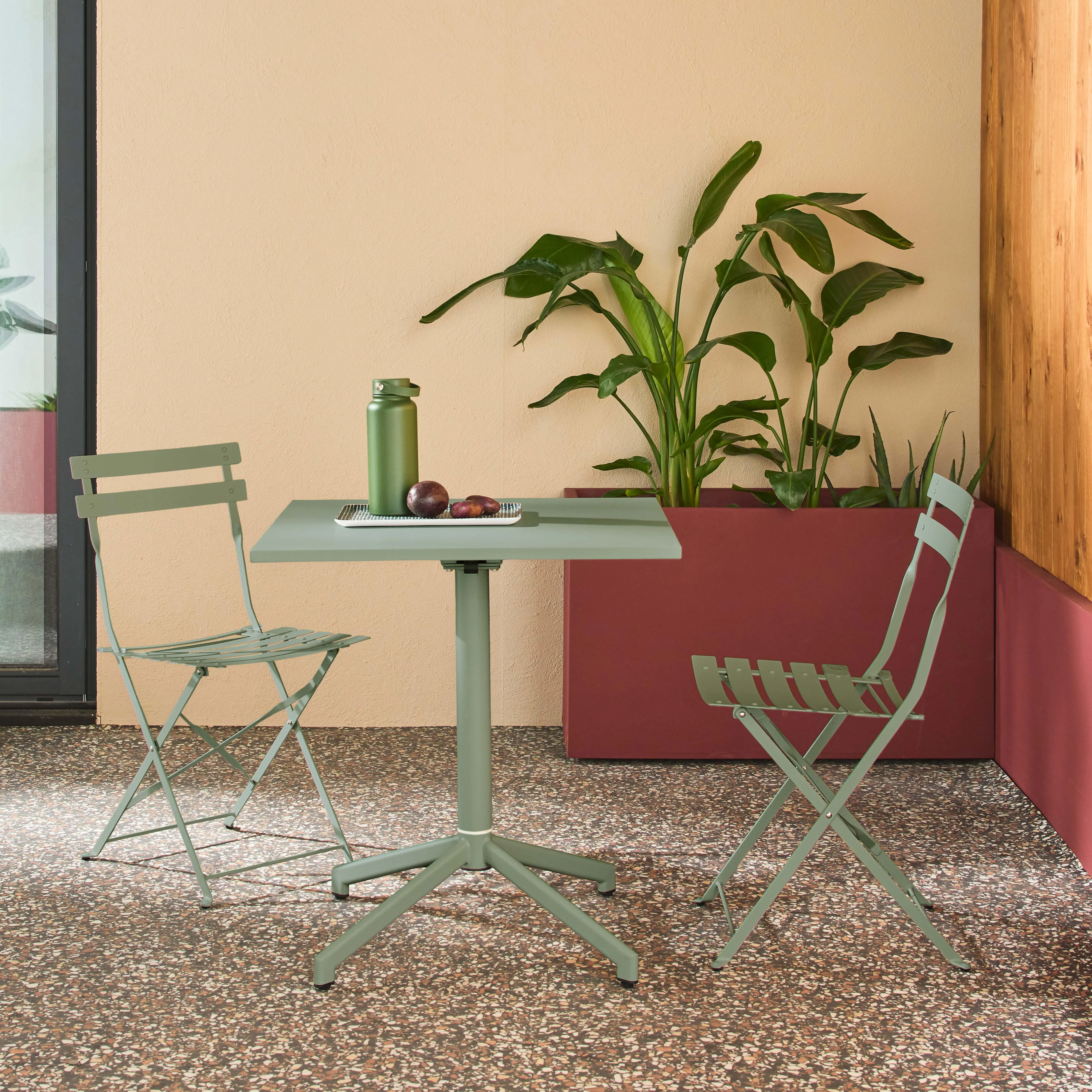 Table de jardin bistrot pliante métal + 2 assises