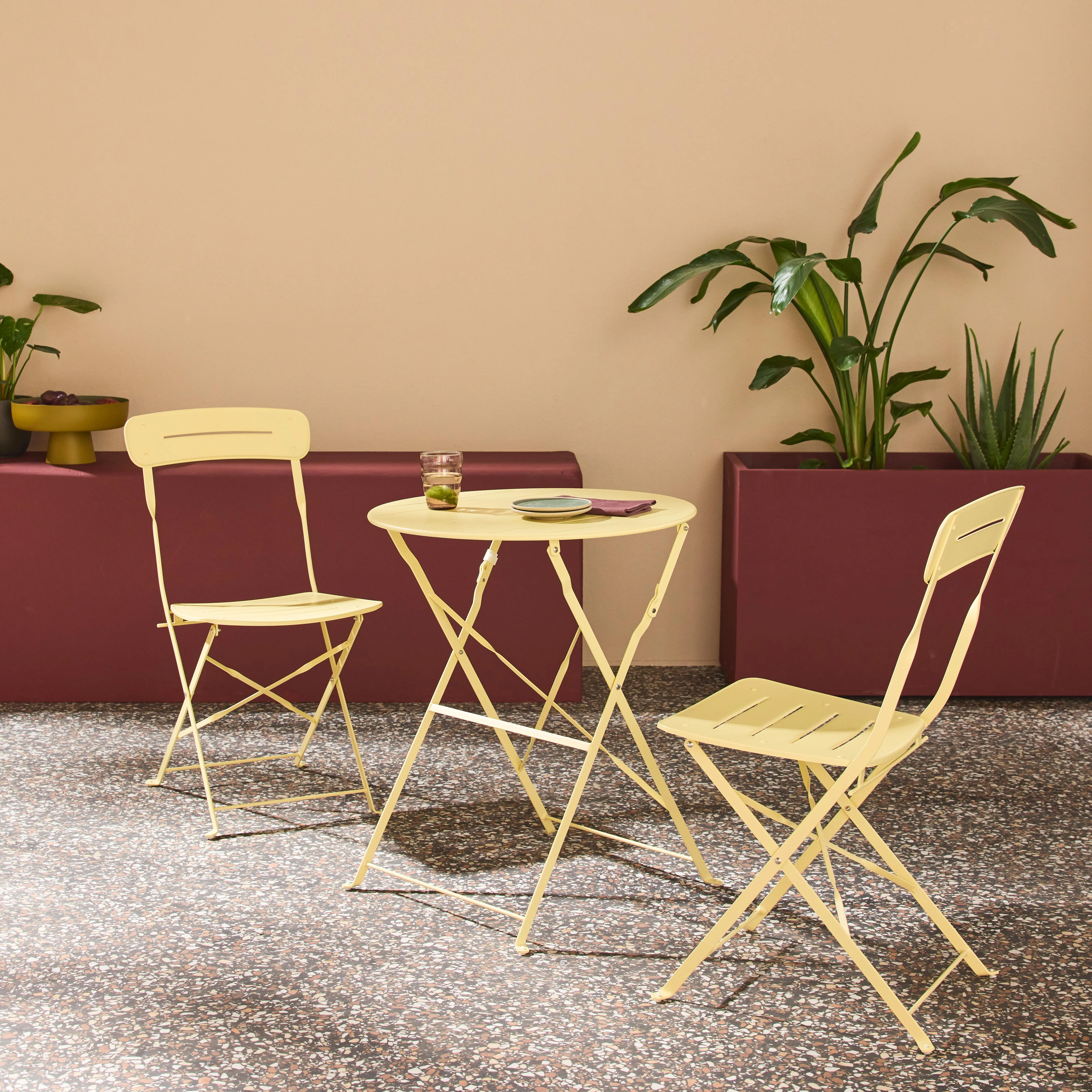 Table de jardin bistrot pliante ronde acier + 2 assises