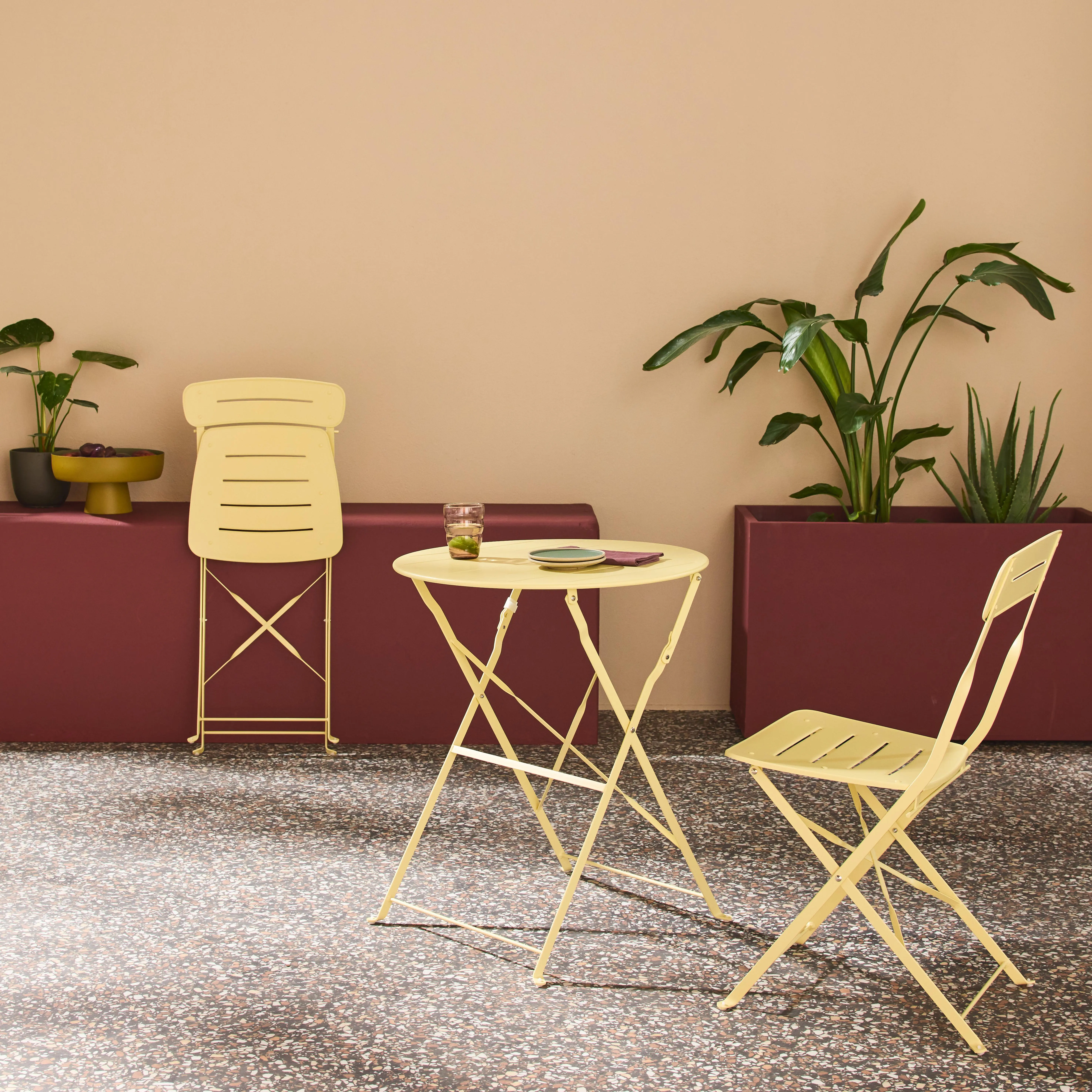 Table de jardin bistrot pliante ronde acier + 2 assises