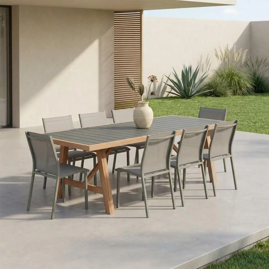 Table de jardin bois d'acacia et aluminium + 8 assises