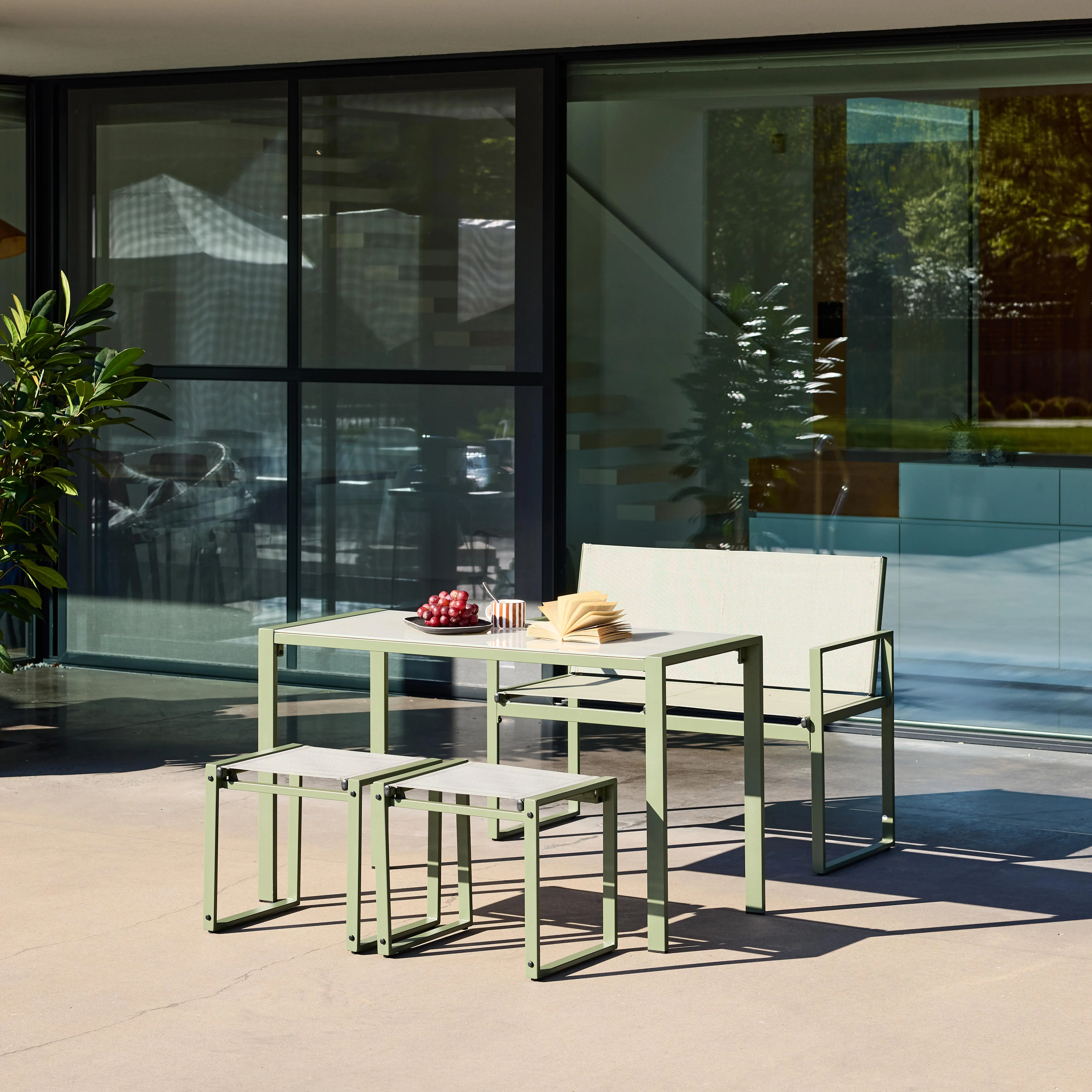 Table de jardin encastrable acier et textilène + 4 assises