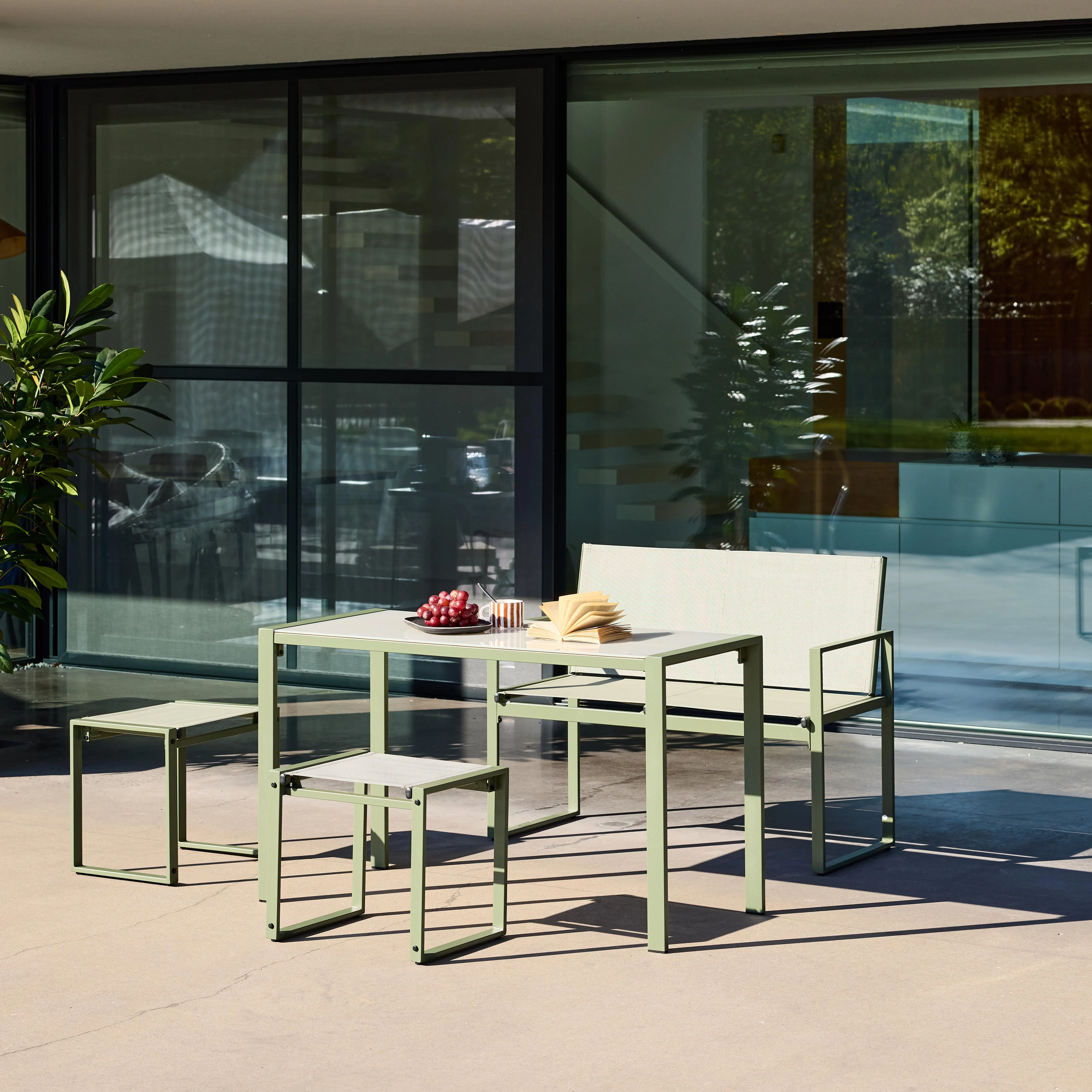 Table de jardin encastrable acier et textilène + 4 assises