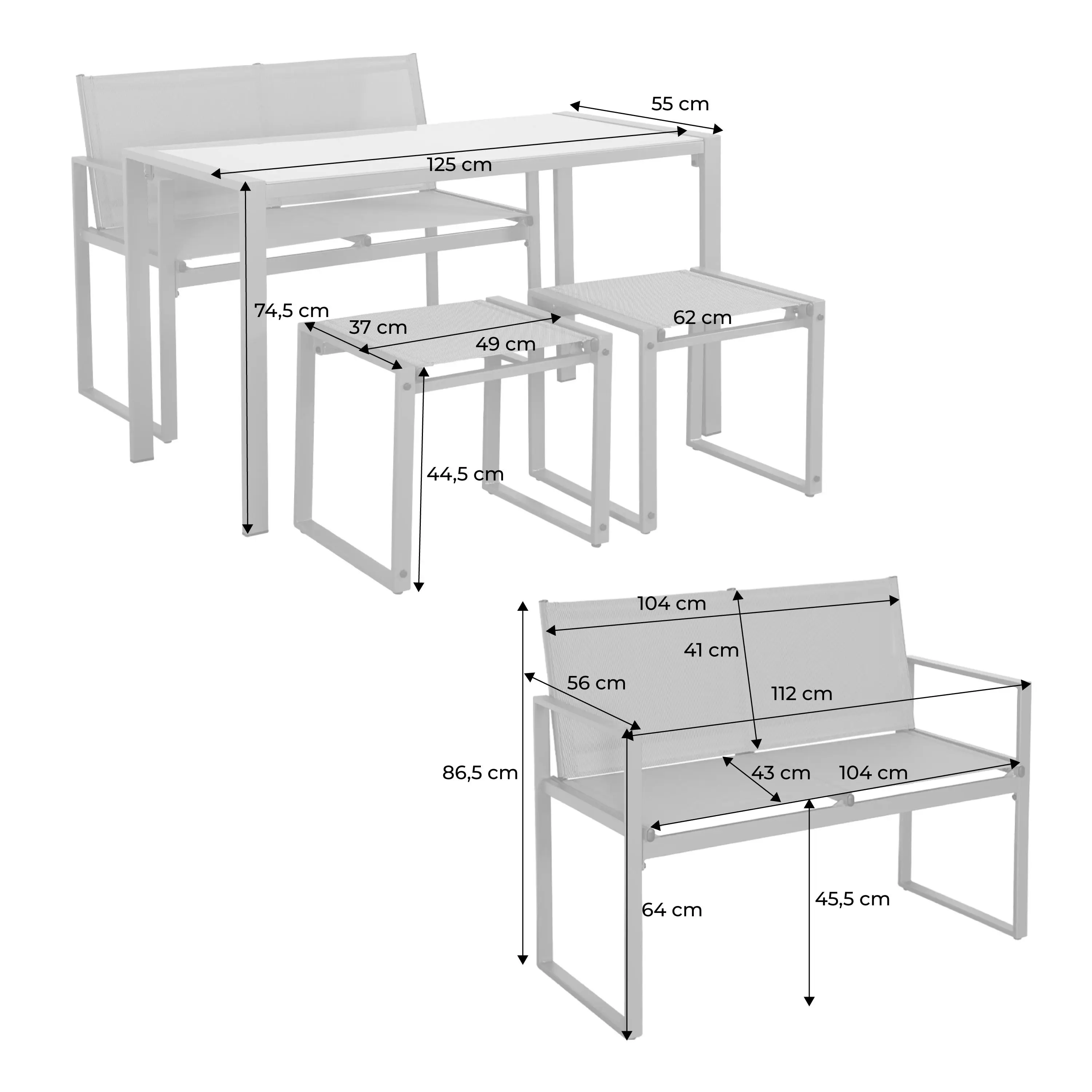 Table de jardin encastrable acier et textilène + 4 assises