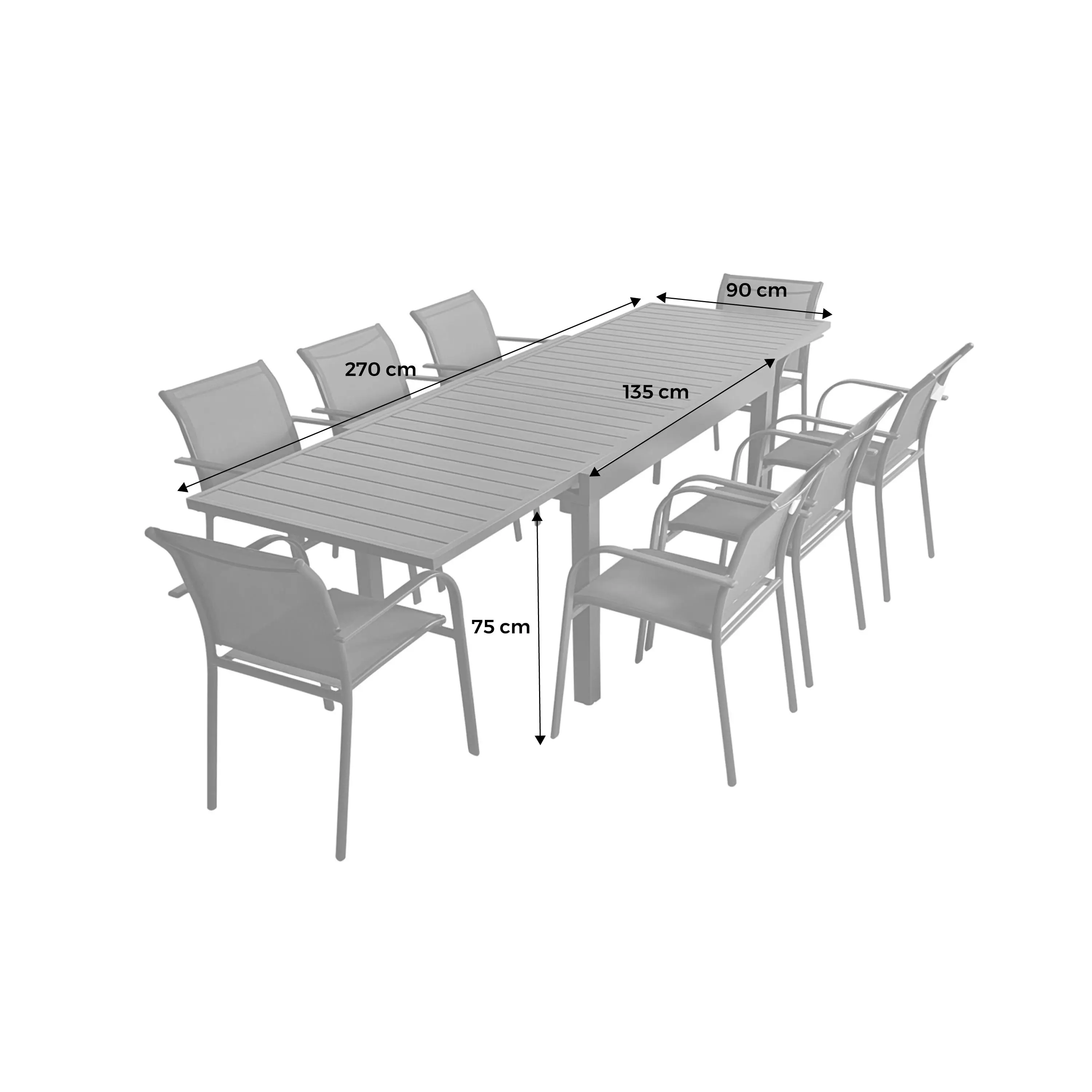 Table de jardin extensible aluminium + 8 assises