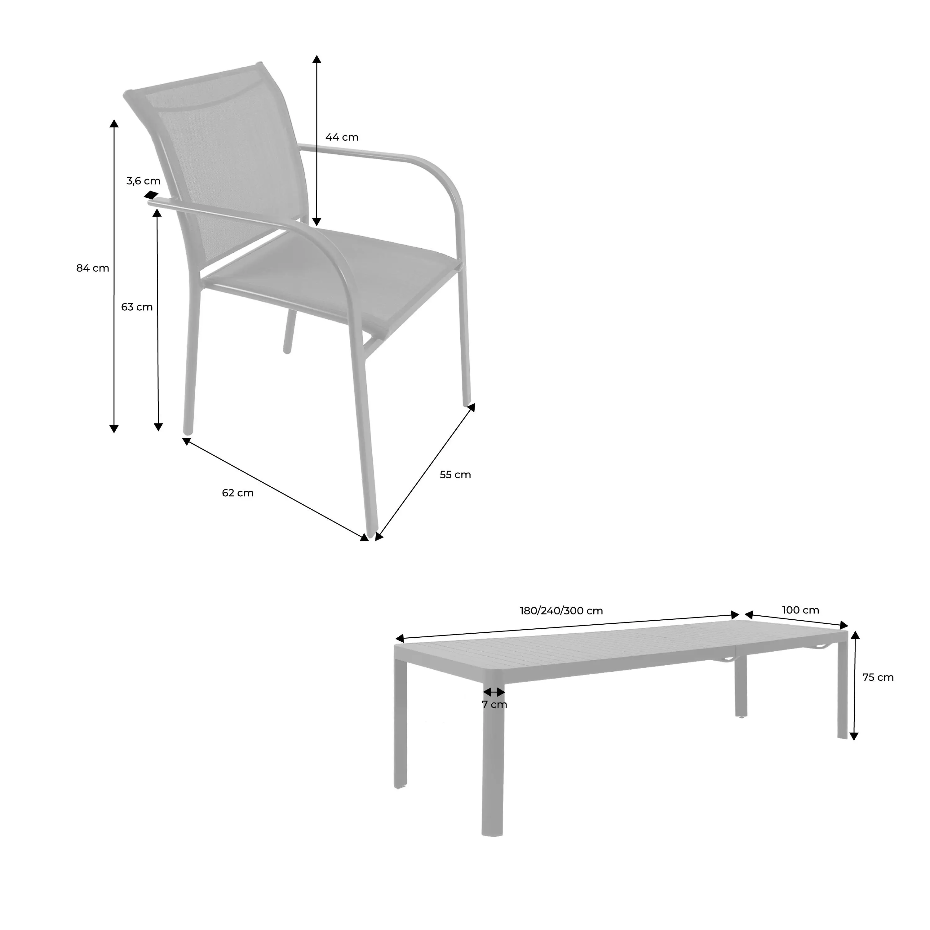Table de jardin extensible aluminium + 10 assises