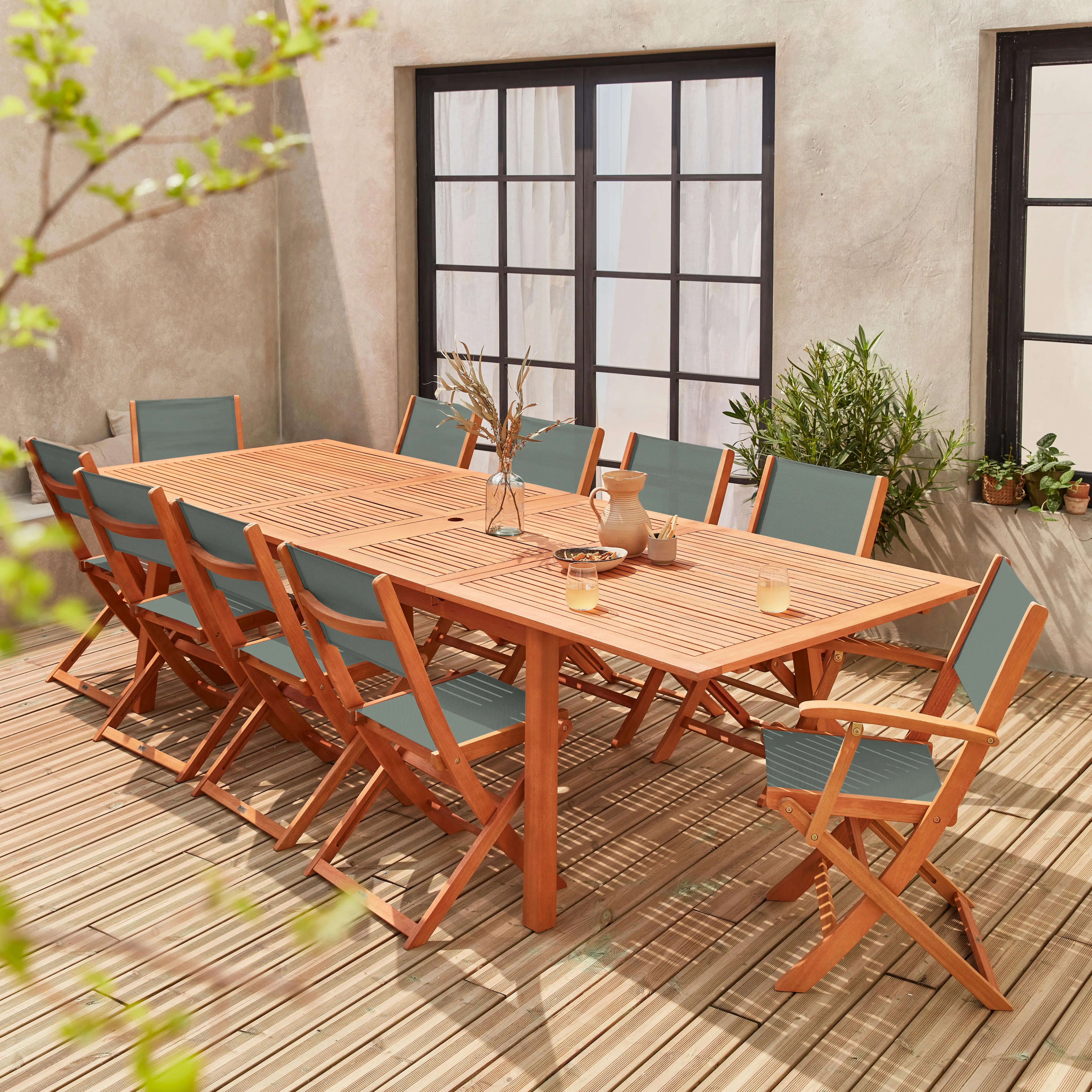 Table de jardin extensible bois, 10 chaises