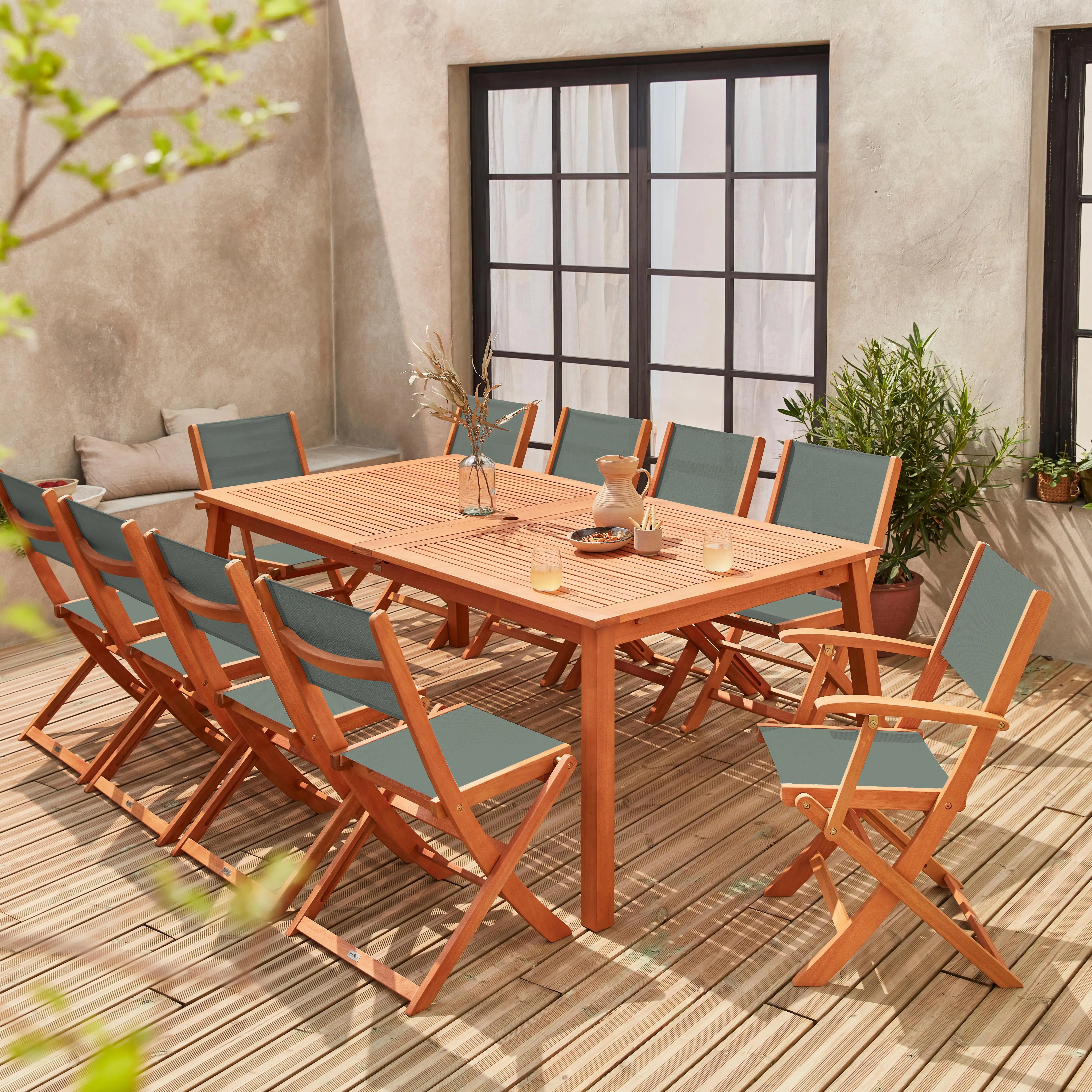 Table de jardin extensible bois, 10 chaises