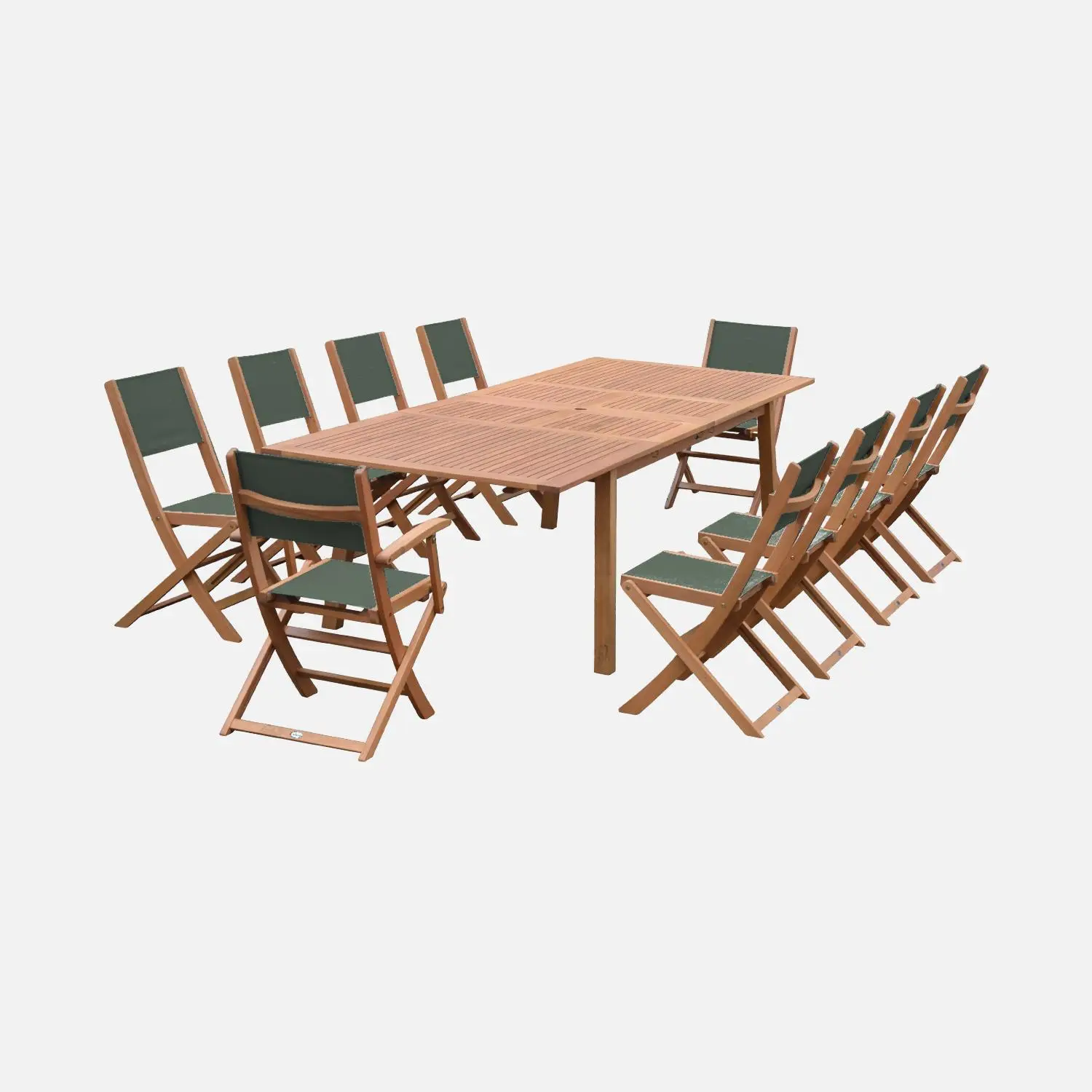 Table de jardin extensible bois, 10 chaises