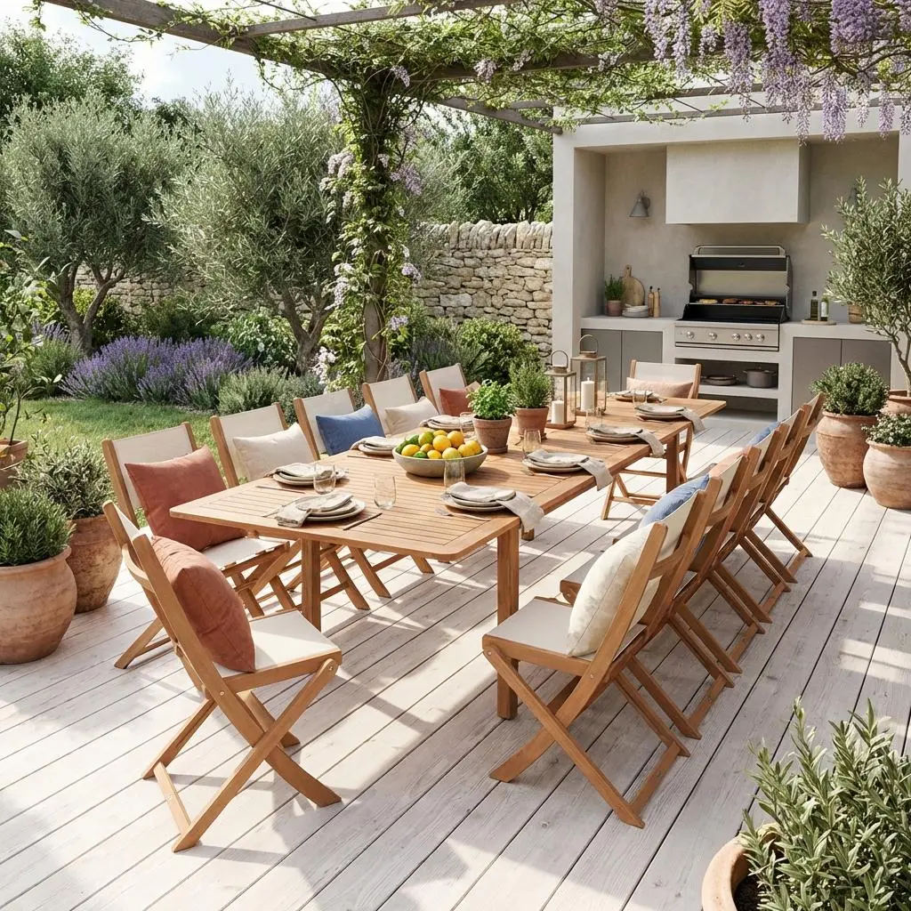 Table de jardin extensible bois d'eucalyptus + 12 assises