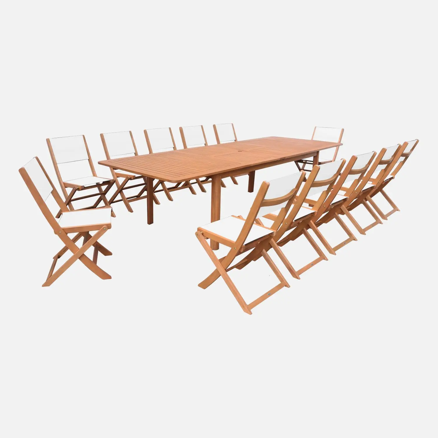 Table de jardin extensible bois d'eucalyptus + 12 assises