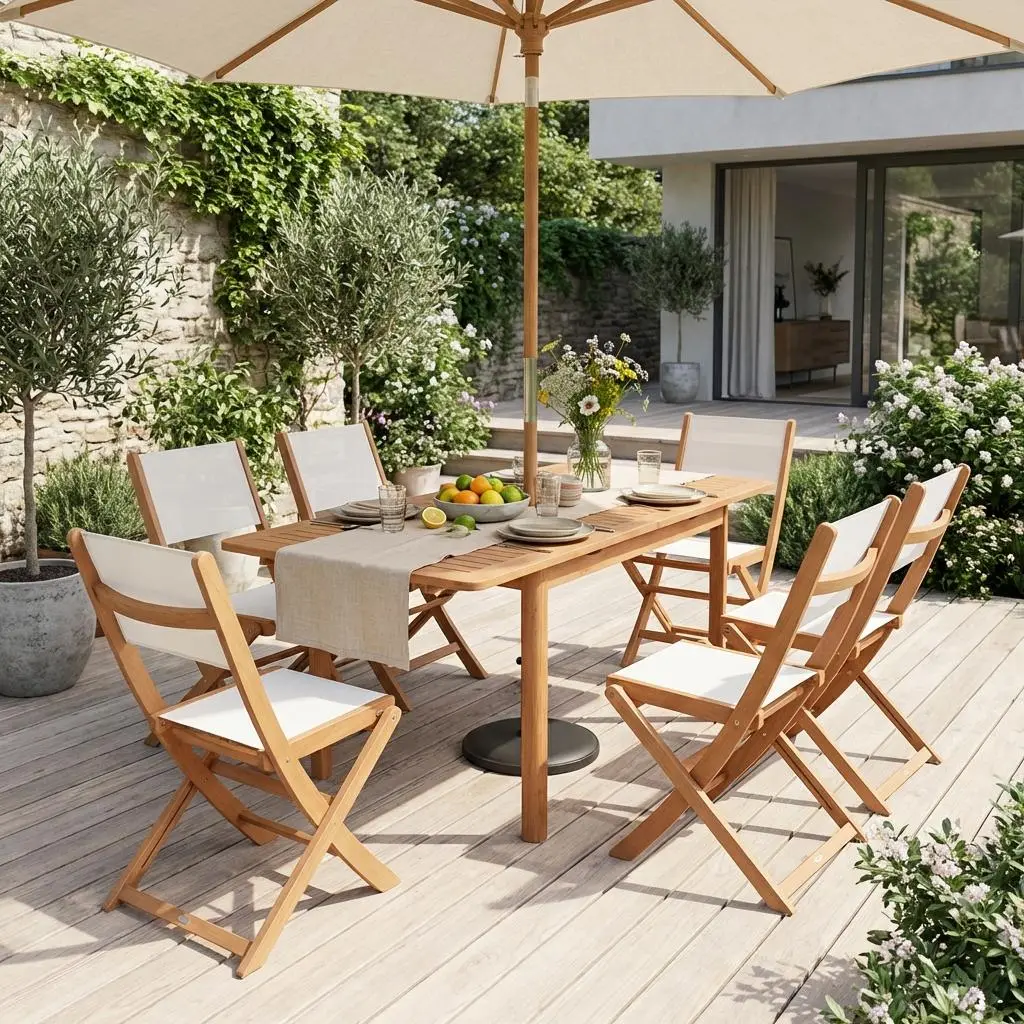 Table de jardin extensible bois d'eucalyptus + 6 assises