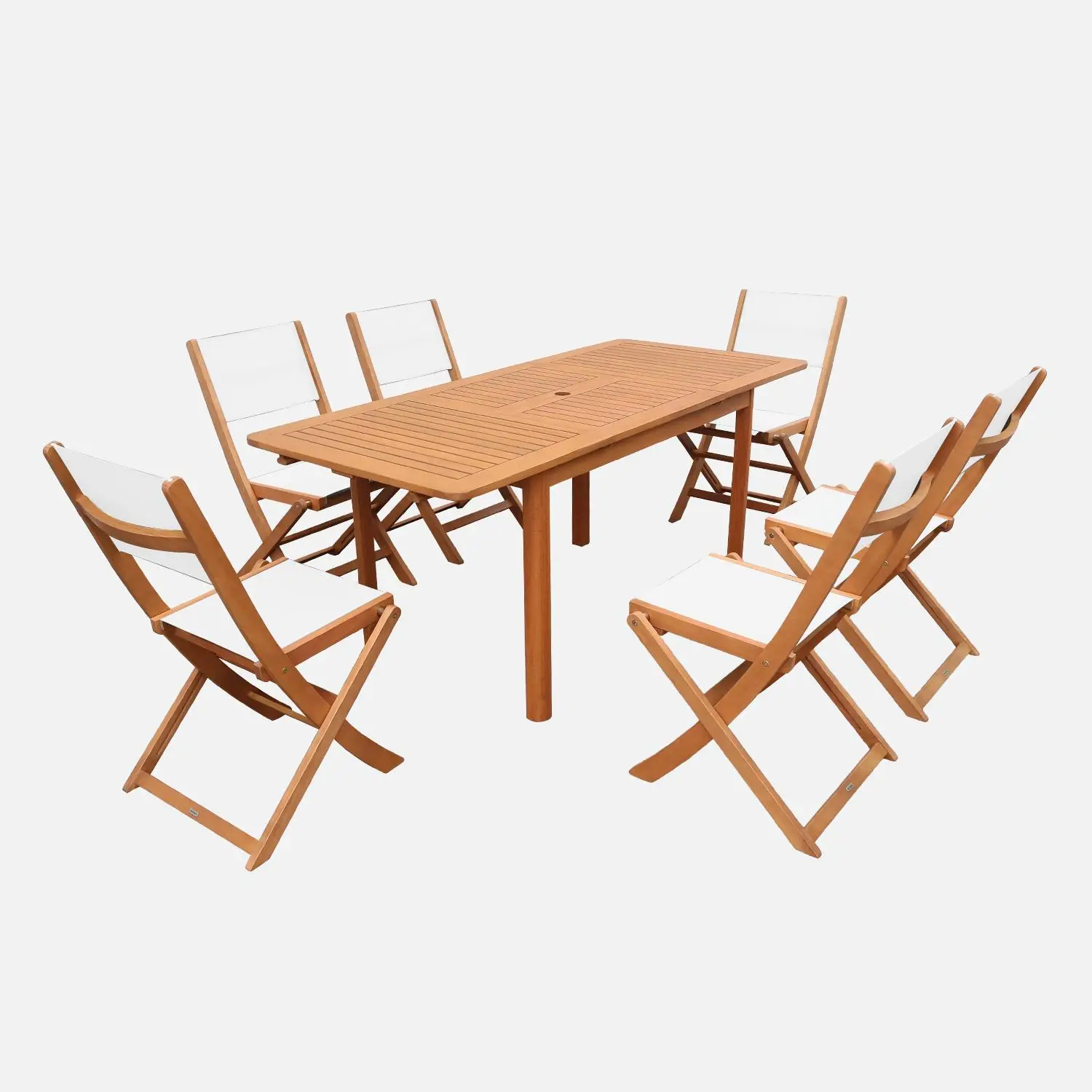 Table de jardin extensible bois d'eucalyptus + 6 assises