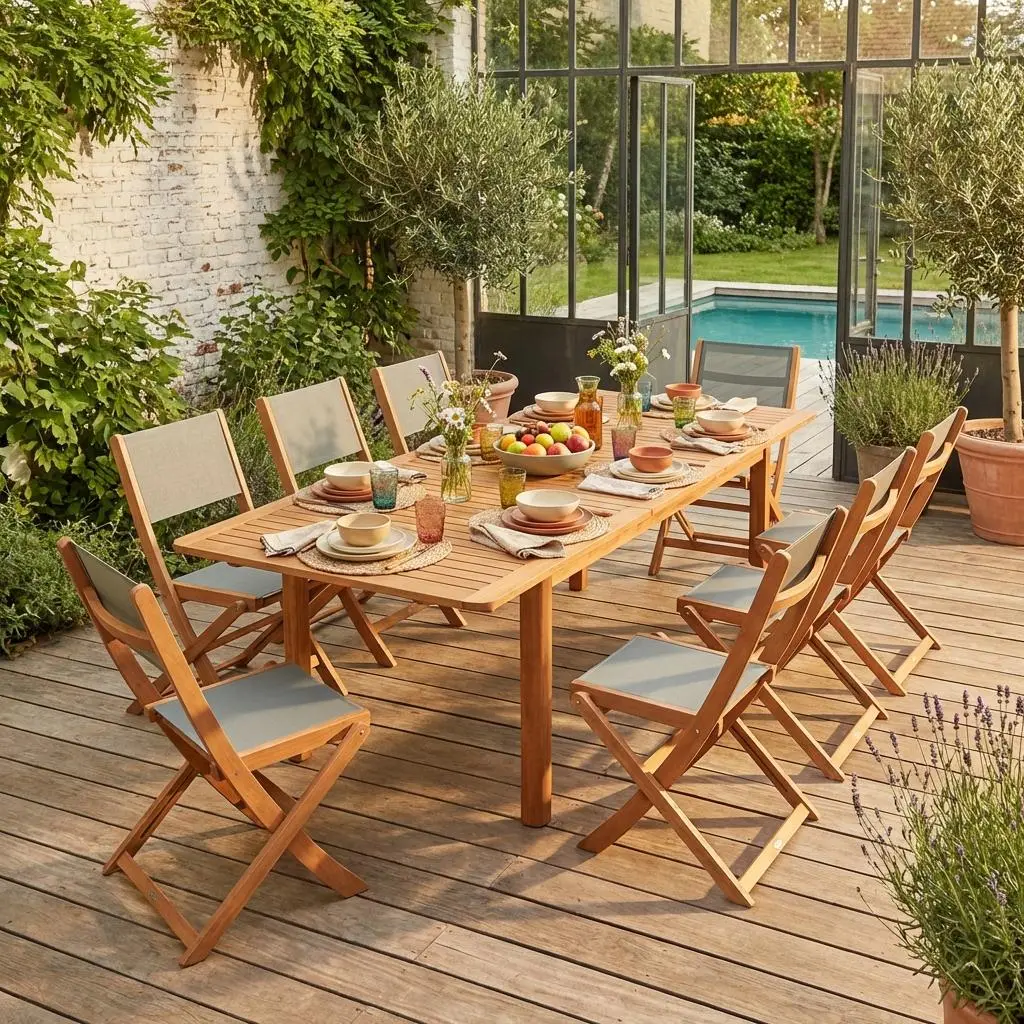 Table de jardin extensible bois d'eucalyptus + 8 assises