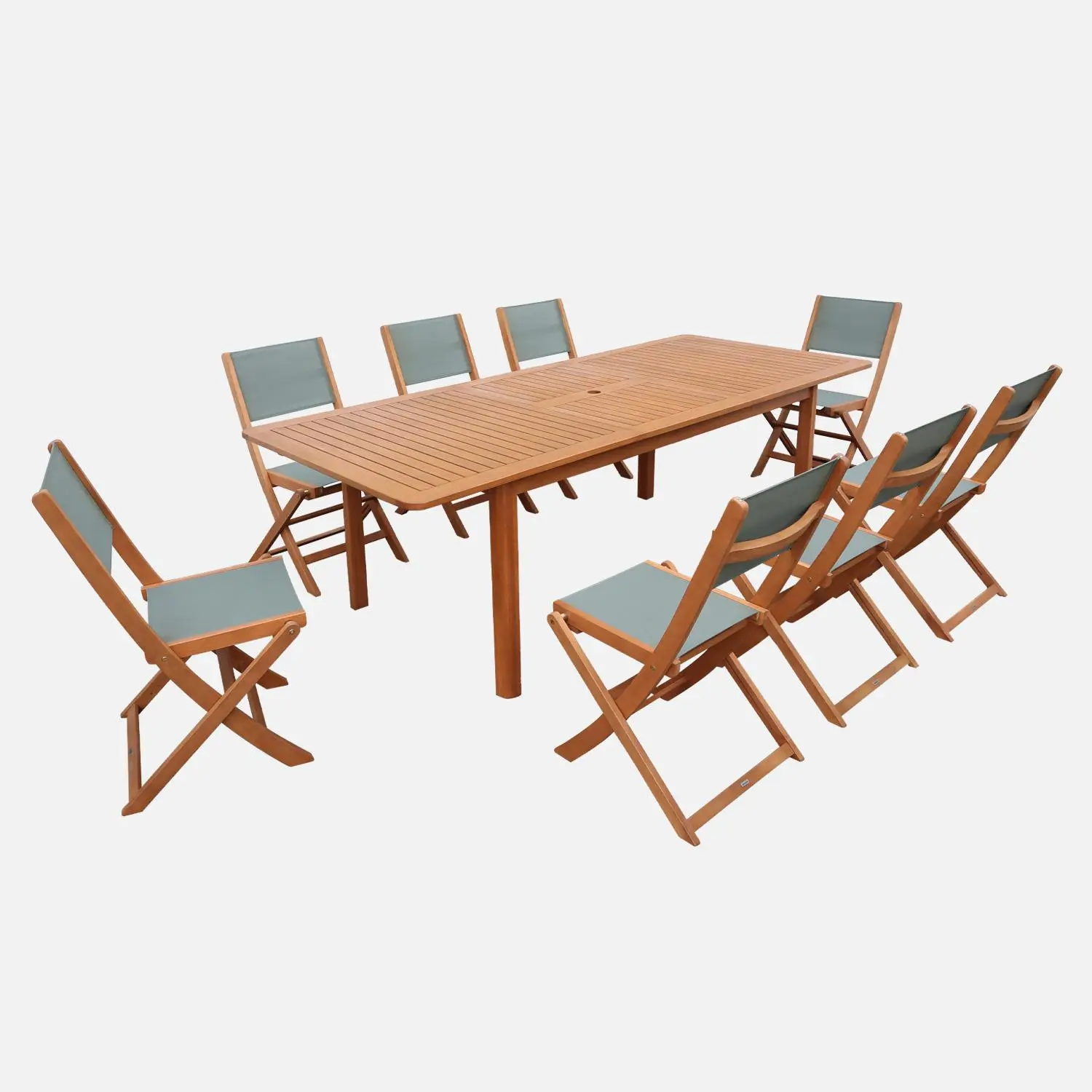 Table de jardin extensible bois d'eucalyptus + 8 assises