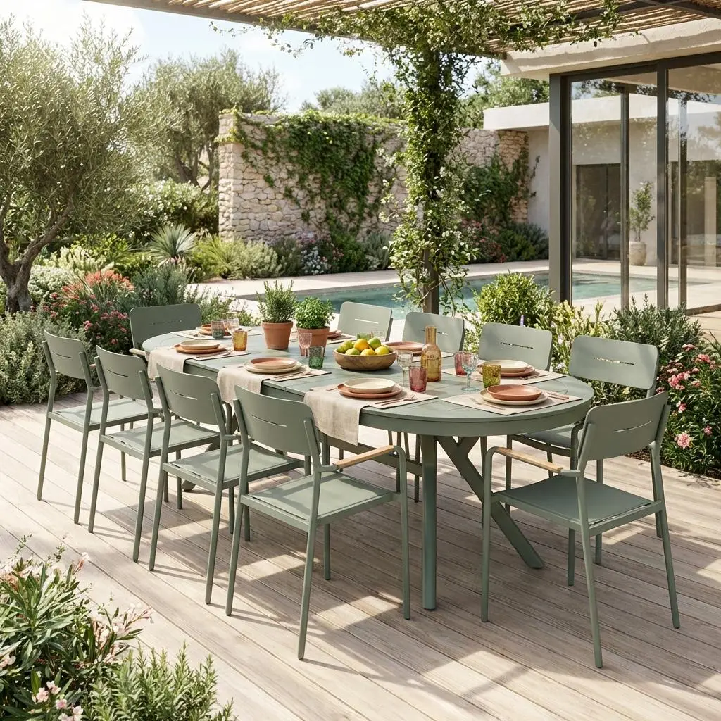 Table de jardin ovale extensible aluminium + 10 assises